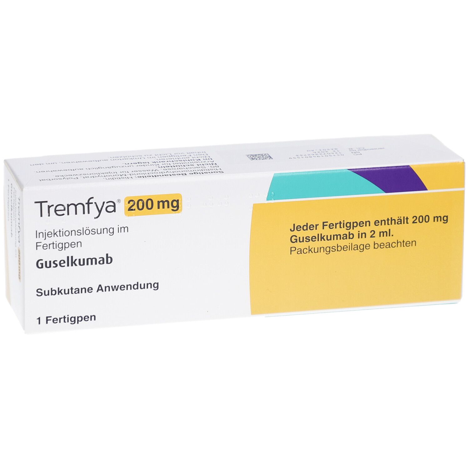 TREMFYA 200 mg Packung. Enthält Guselkumab. Weiße Schachtel mit gelbem Bereich und Produktinformationen.