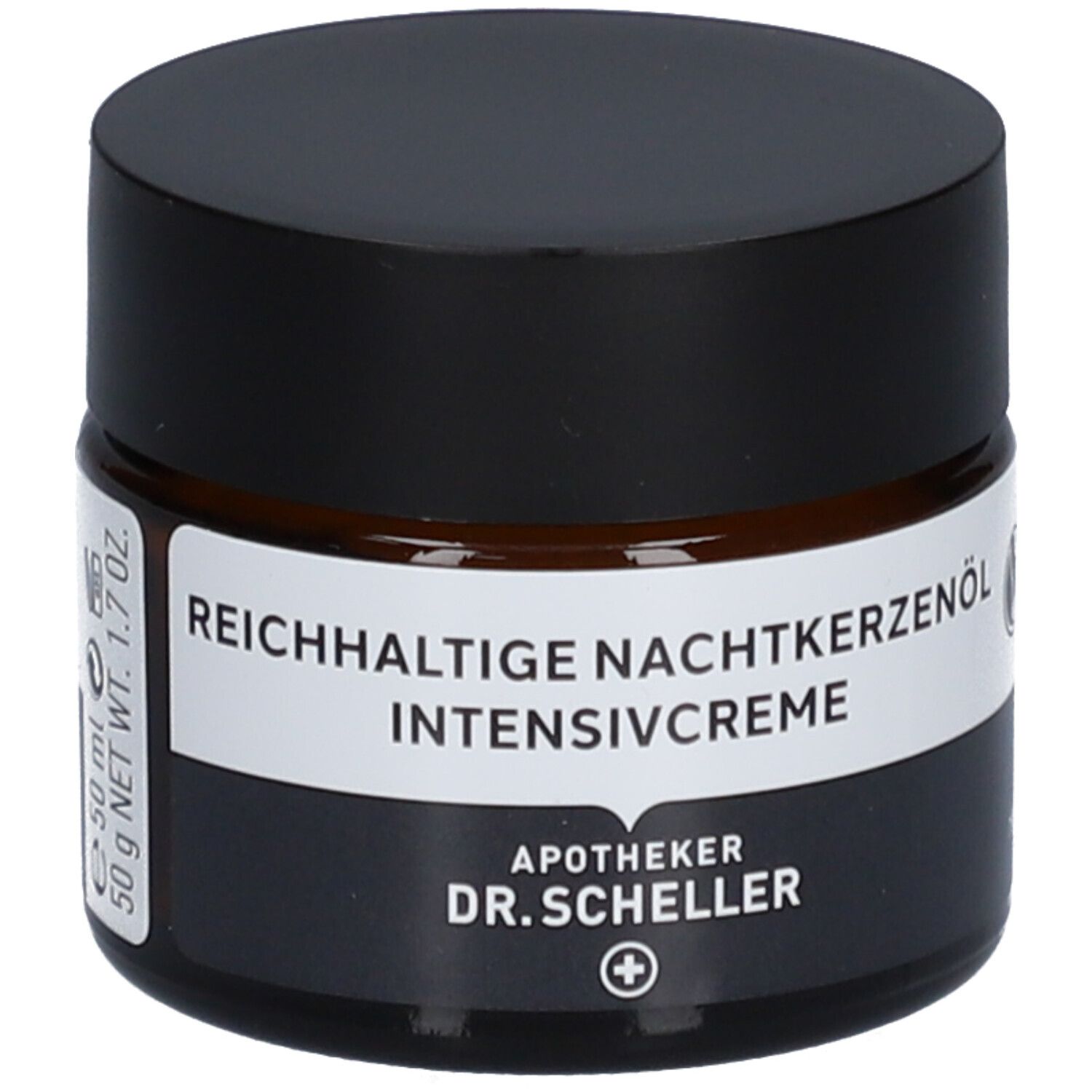 Braunes Creme-Glas mit schwarzem Deckel. Produktname auf weißem Etikett. Vegan-Siegel.
