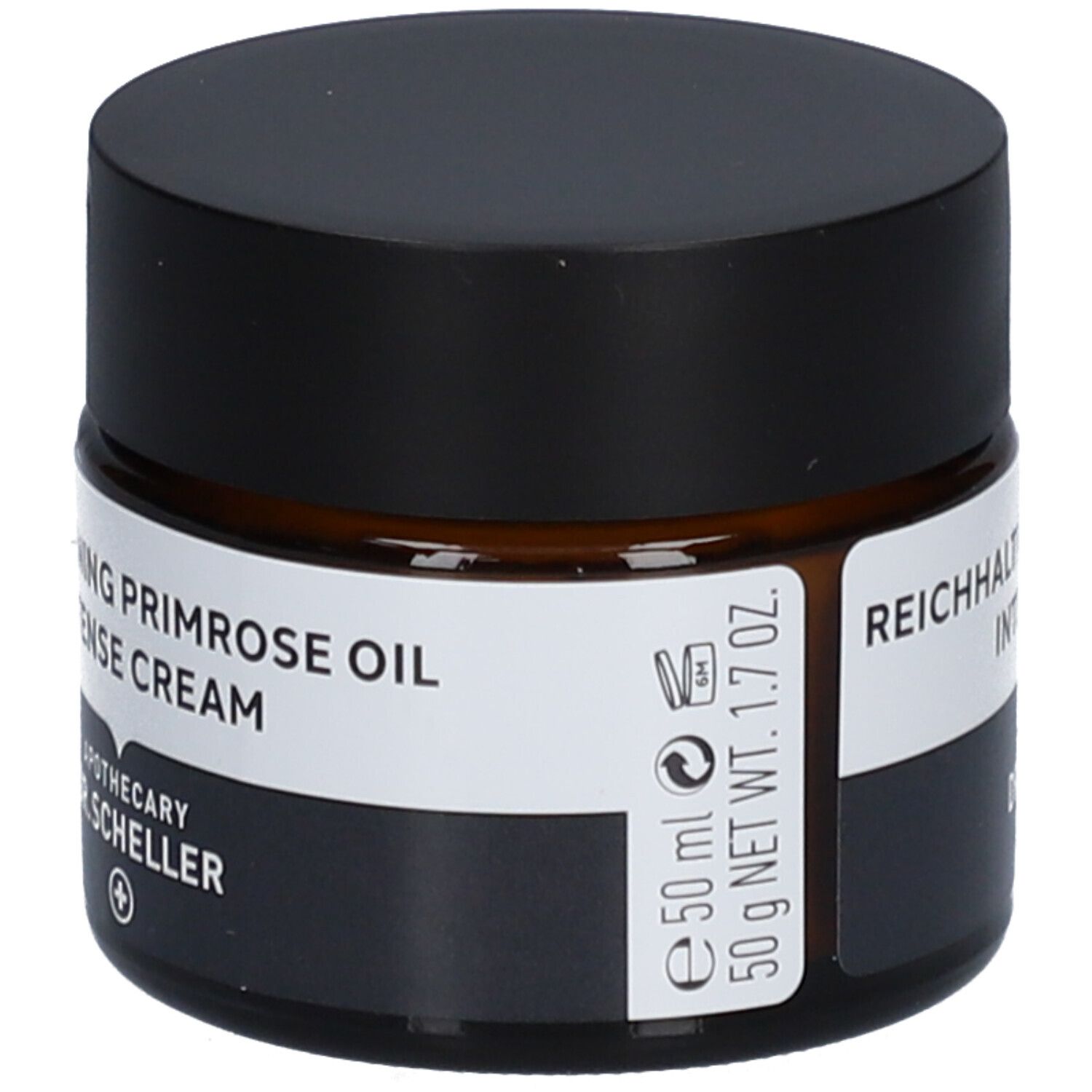 Braunes Creme-Glas mit schwarzem Deckel. Produktname auf weißem Etikett. 50 ml, 50 g.