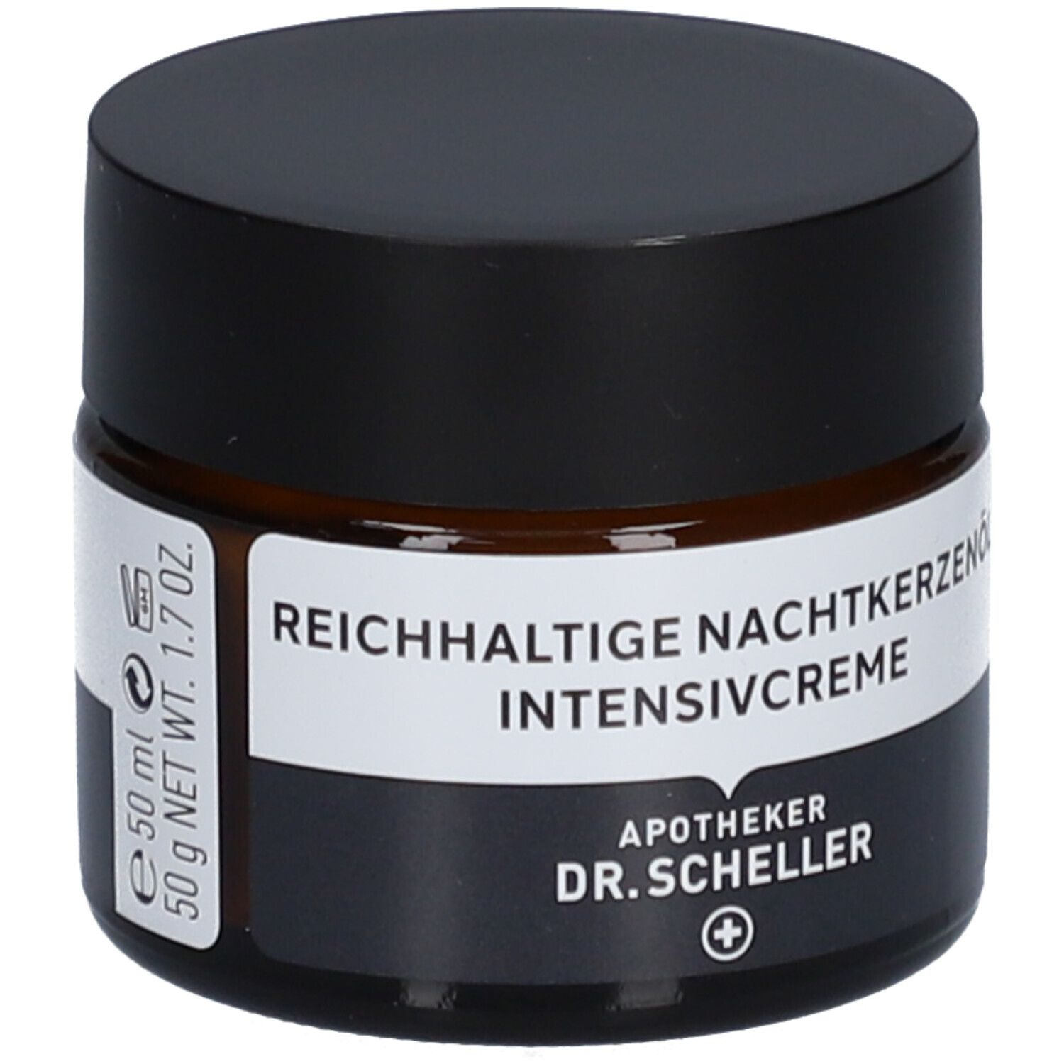 Braunes Creme-Glas mit schwarzem Deckel. Produktname auf weißem Etikett. 50 ml, 50 g.