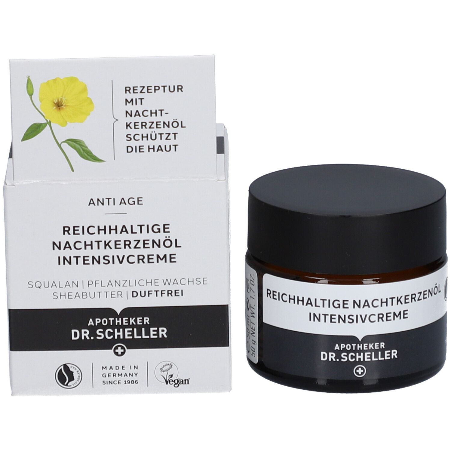 Creme-Glas und Verpackung. Produktname und Apotheker-Logo. Vegan-Siegel.
