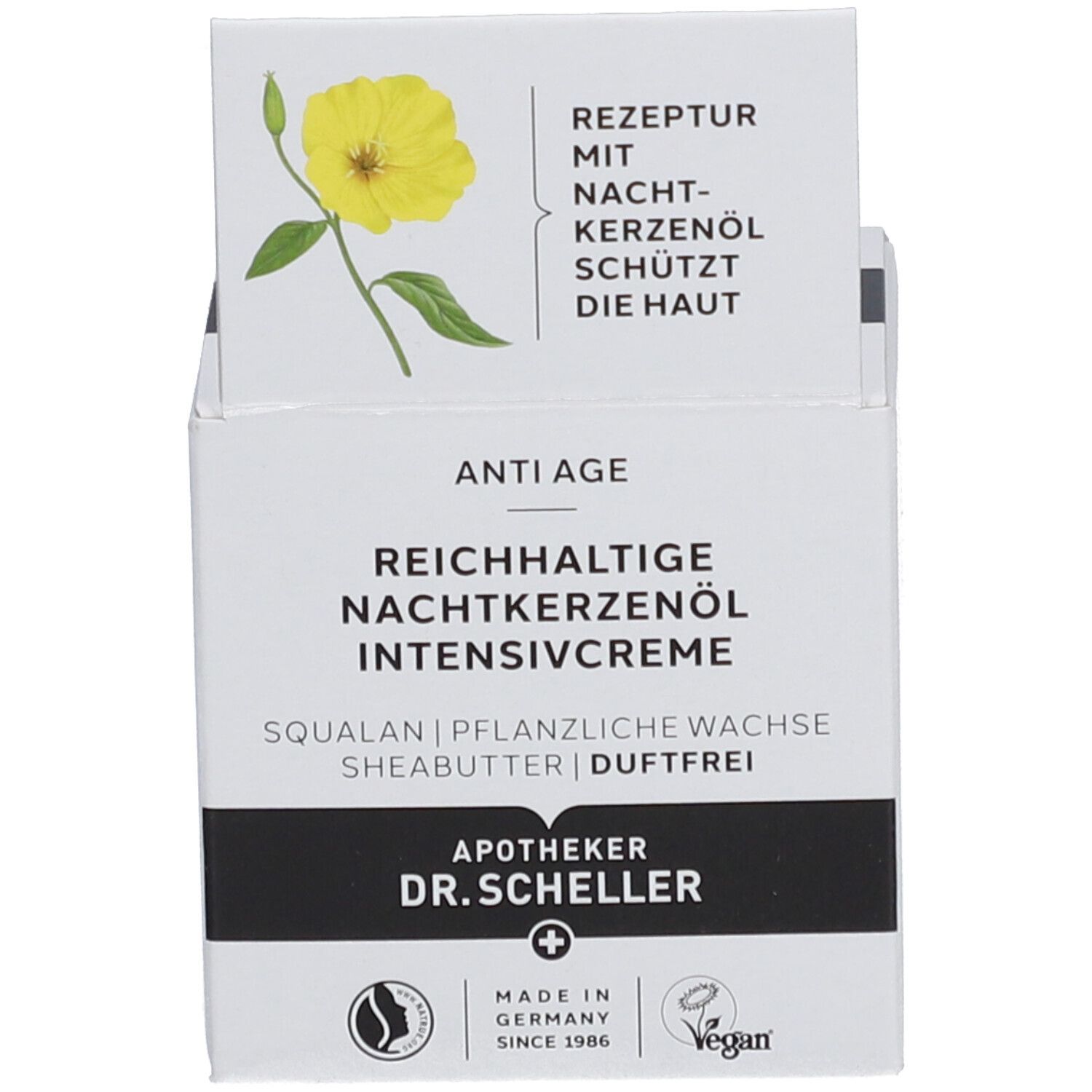Creme-Verpackung mit Produktinformationen und Illustration einer gelben Blume. Vegan-Siegel.