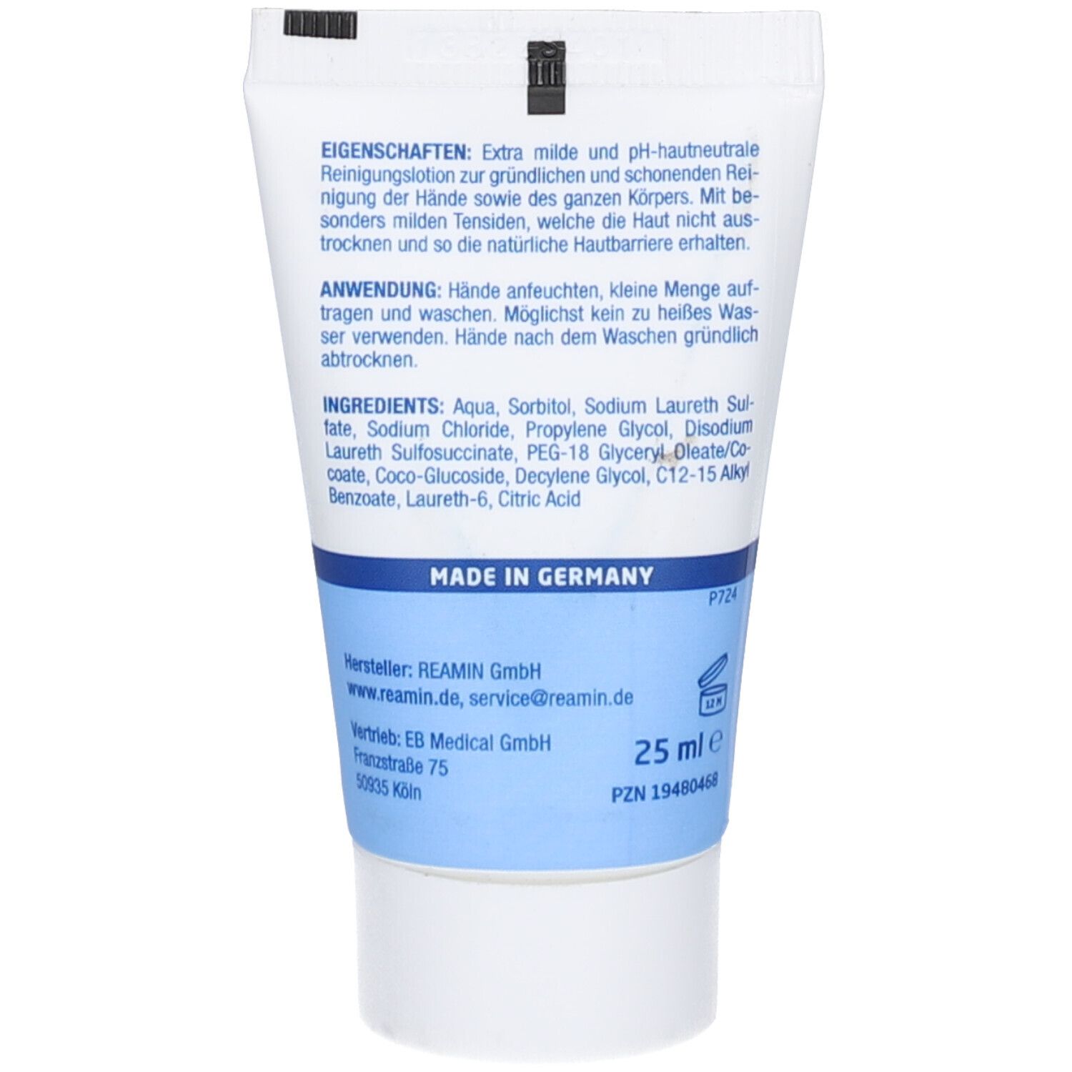 Rückseite der Tube. Text in deutscher Sprache. Hersteller: REAMIN GmbH. Volumen: 25 ml. Aufdruck: MADE IN GERMANY.