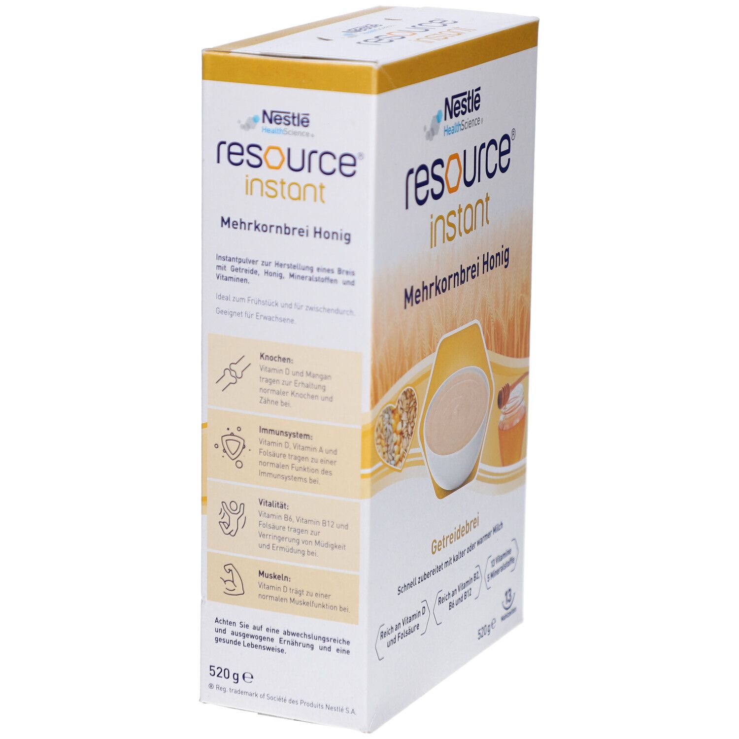 Verpackung von RESOURCE instant Mehrkornbrei Honig. Zeigt Informationen zu Nährwerten und Inhaltsstoffen. Enthält Illustrationen.