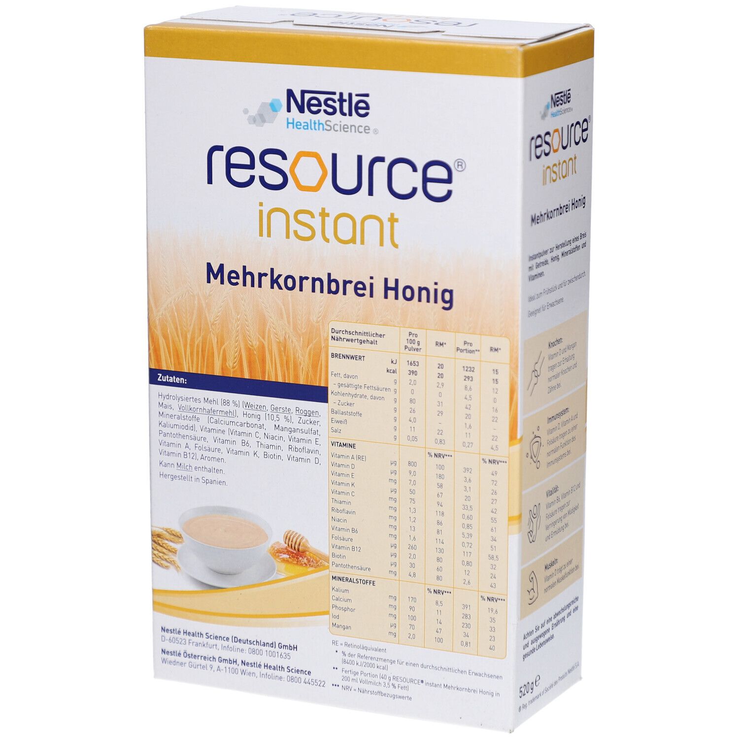 Verpackung von RESOURCE instant Mehrkornbrei Honig. Zeigt Nährwerttabelle und Zutatenliste. Enthält Illustrationen von Getreide und Honig.