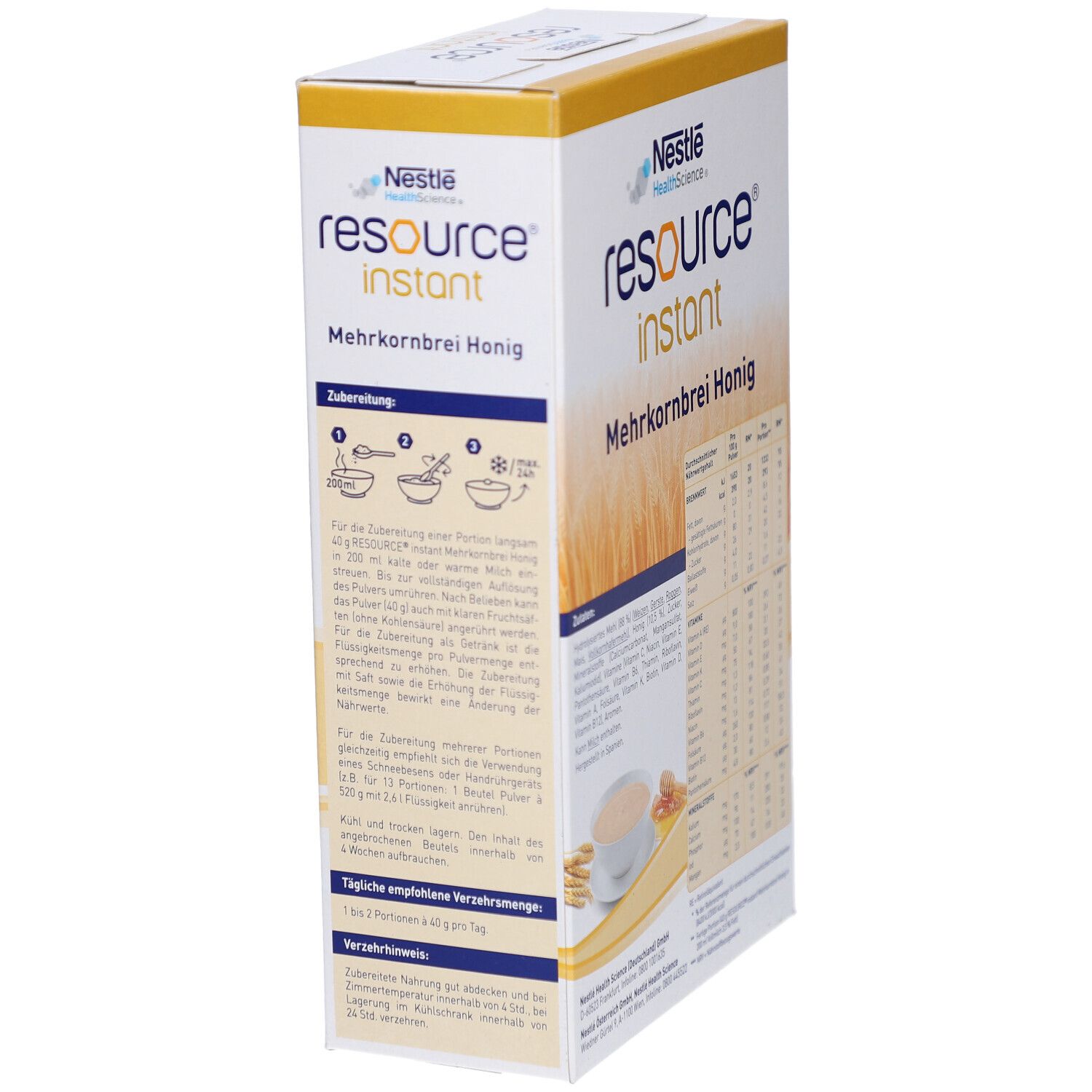Verpackung von RESOURCE instant Mehrkornbrei Honig. Zeigt Zubereitungshinweise. Enthält Illustrationen und Text.
