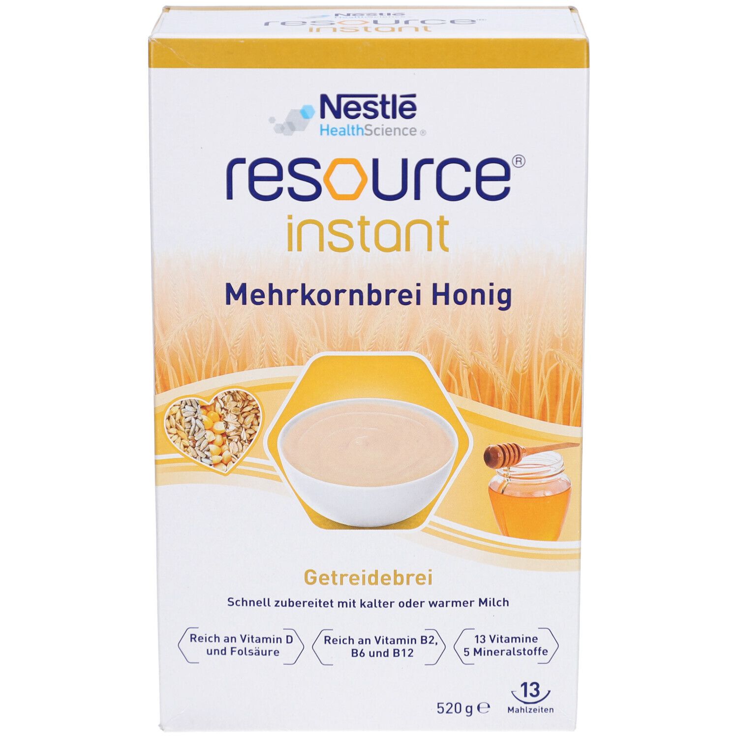 Verpackung von RESOURCE instant Mehrkornbrei Honig. Zeigt Produktabbildung, Getreide, Brei und Honig. Text: 520g, 13 Mahlzeiten.