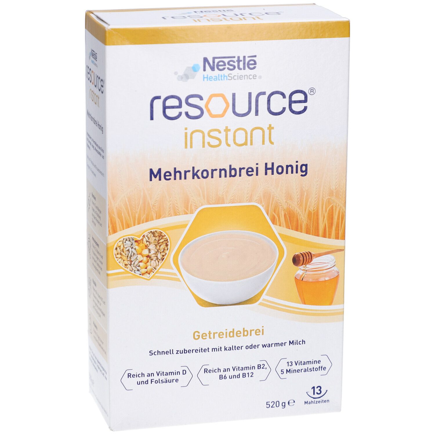 Verpackung von RESOURCE instant Mehrkornbrei Honig. Zeigt Produktabbildung, Getreide, Brei und Honig. Text: 520g, 13 Mahlzeiten.