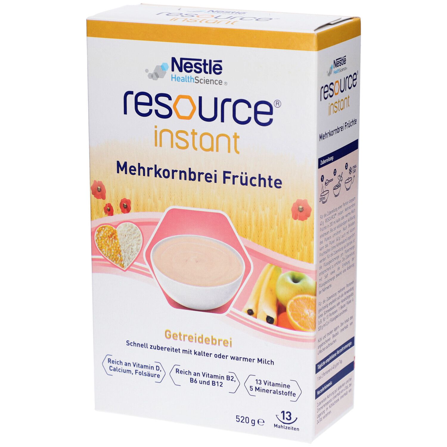 Verpackung von RESOURCE Mehrkornbrei mit Früchten Instantpulver. Enthält Abbildungen von Früchten und Getreide.
