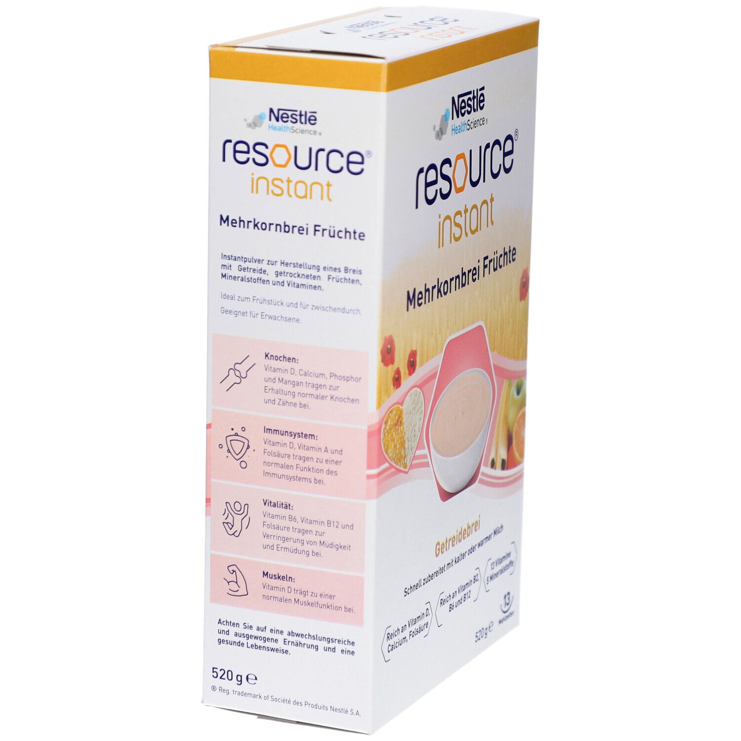 Verpackung von RESOURCE Mehrkornbrei mit Früchten Instantpulver. Seitenansicht mit Produktinformationen und Nährwertangaben.