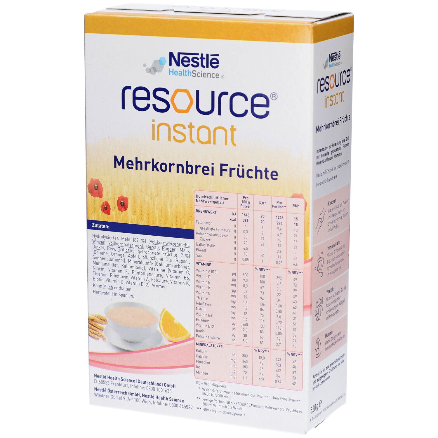 Verpackung von RESOURCE Mehrkornbrei mit Früchten Instantpulver. Rückseite mit Nährwerttabelle und Zutatenliste.