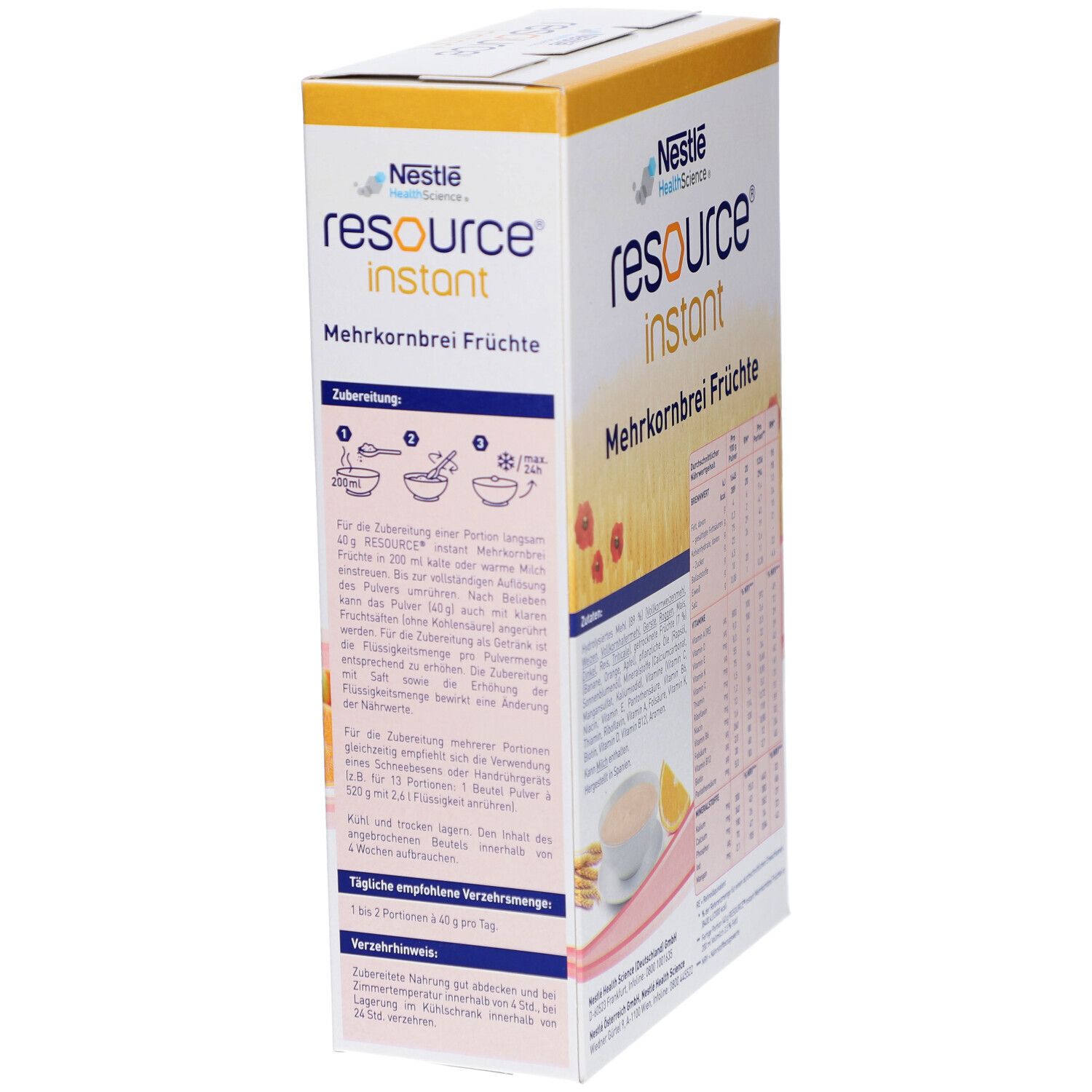Verpackung von RESOURCE Mehrkornbrei mit Früchten Instantpulver. Seite mit Zubereitungshinweisen und Dosierung.