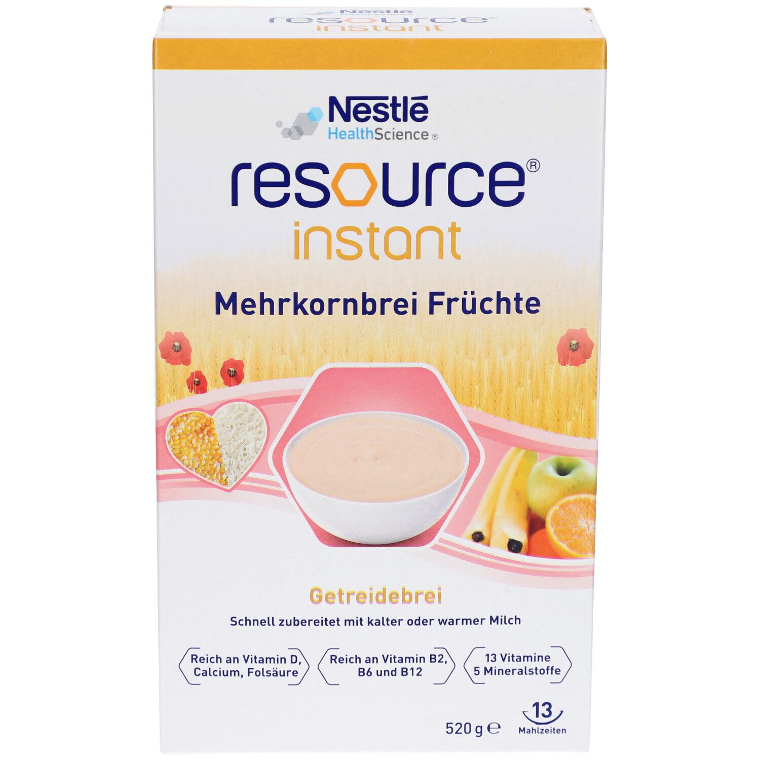 Verpackung von RESOURCE Mehrkornbrei mit Früchten Instantpulver. Vorderansicht mit Produktabbildung und Nährwertangaben.