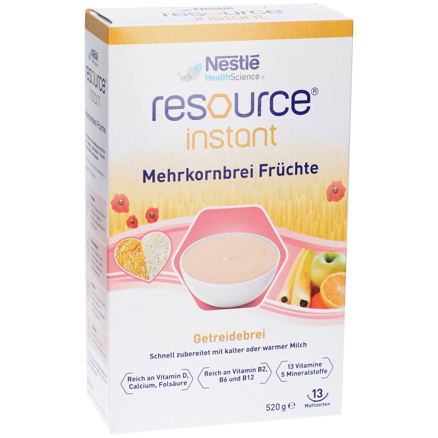 Verpackung von RESOURCE Mehrkornbrei mit Früchten Instantpulver. Vorderansicht mit Produktabbildung und Nährwertangaben.
