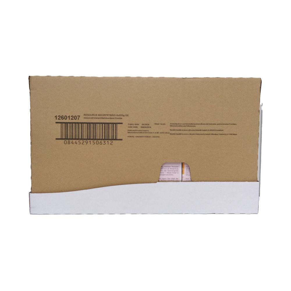 Kartonverpackung mit Barcode und Text. Braune Pappe mit weißem Boden. Ausschnitt zeigt Produktverpackung.