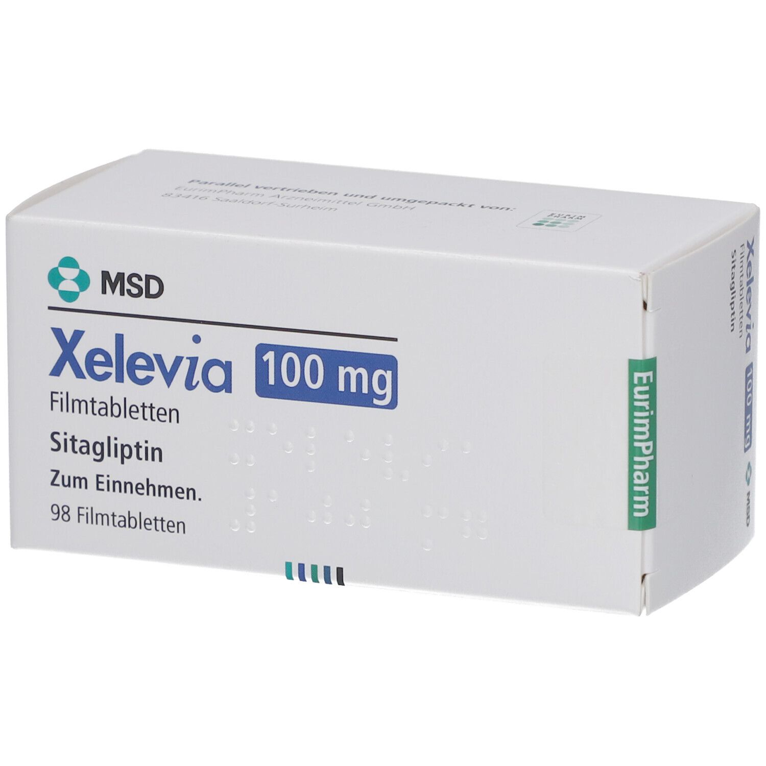 Weiße Schachtel mit Xelevia 100 mg Filmtabletten. MSD-Logo und Produktinformationen sind aufgedruckt. 98 Filmtabletten.
