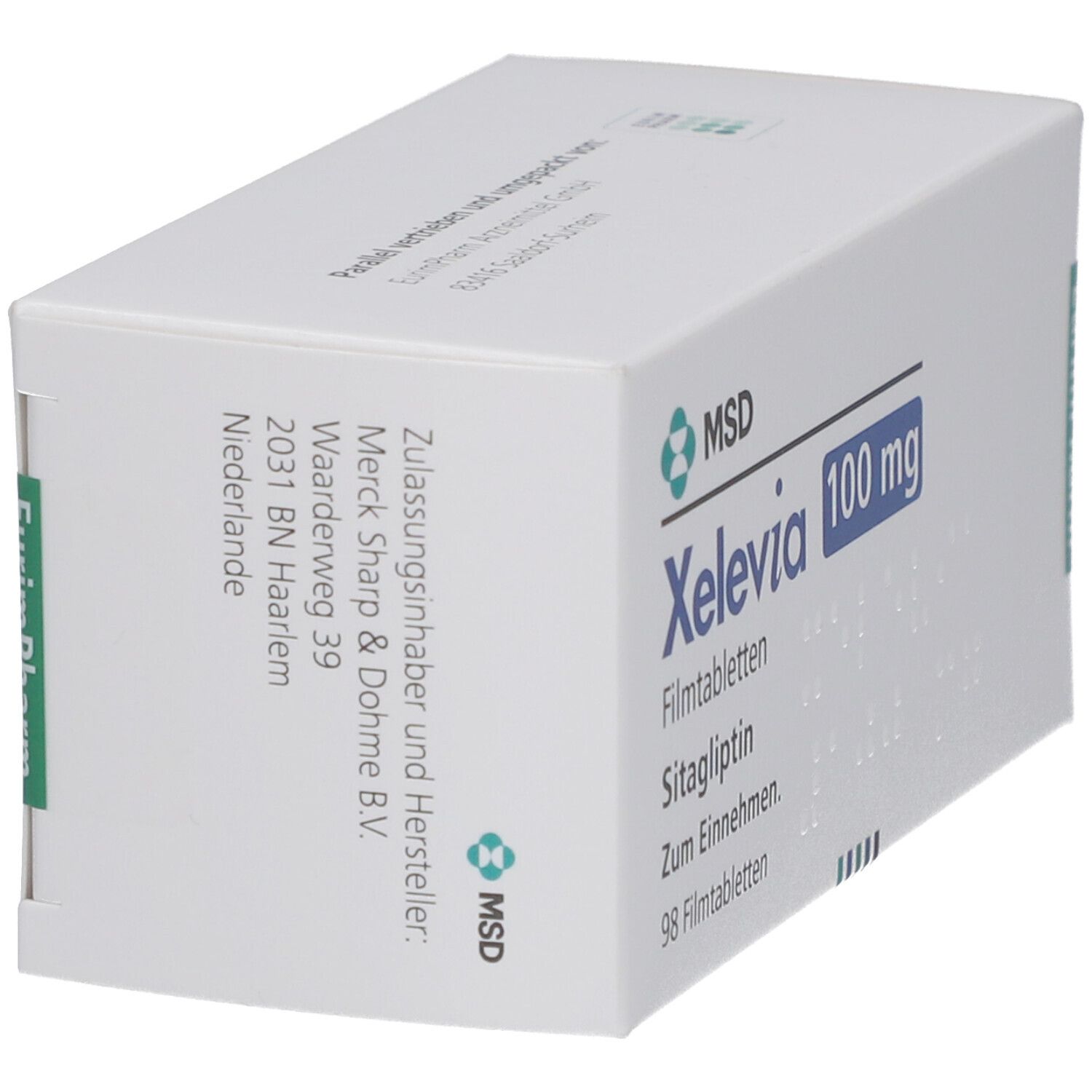 Weiße Schachtel mit Xelevia 100 mg Filmtabletten. MSD-Logo und Produktinformationen. Hersteller: Merck Sharp & Dohme B.V.