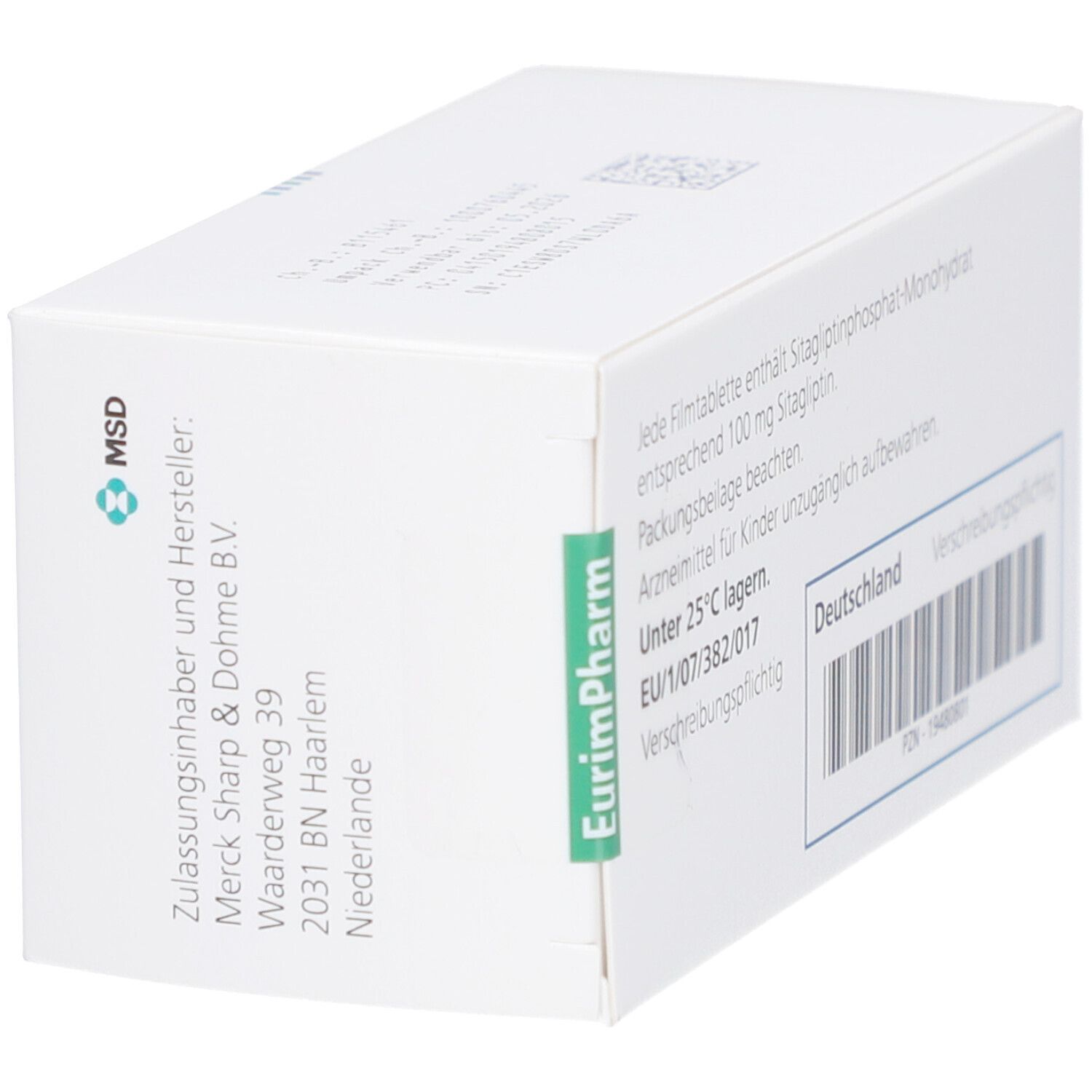 Weiße Schachtel mit Xelevia 100 mg Filmtabletten. Informationen zu Sitagliptin und Hersteller Merck Sharp & Dohme B.V.