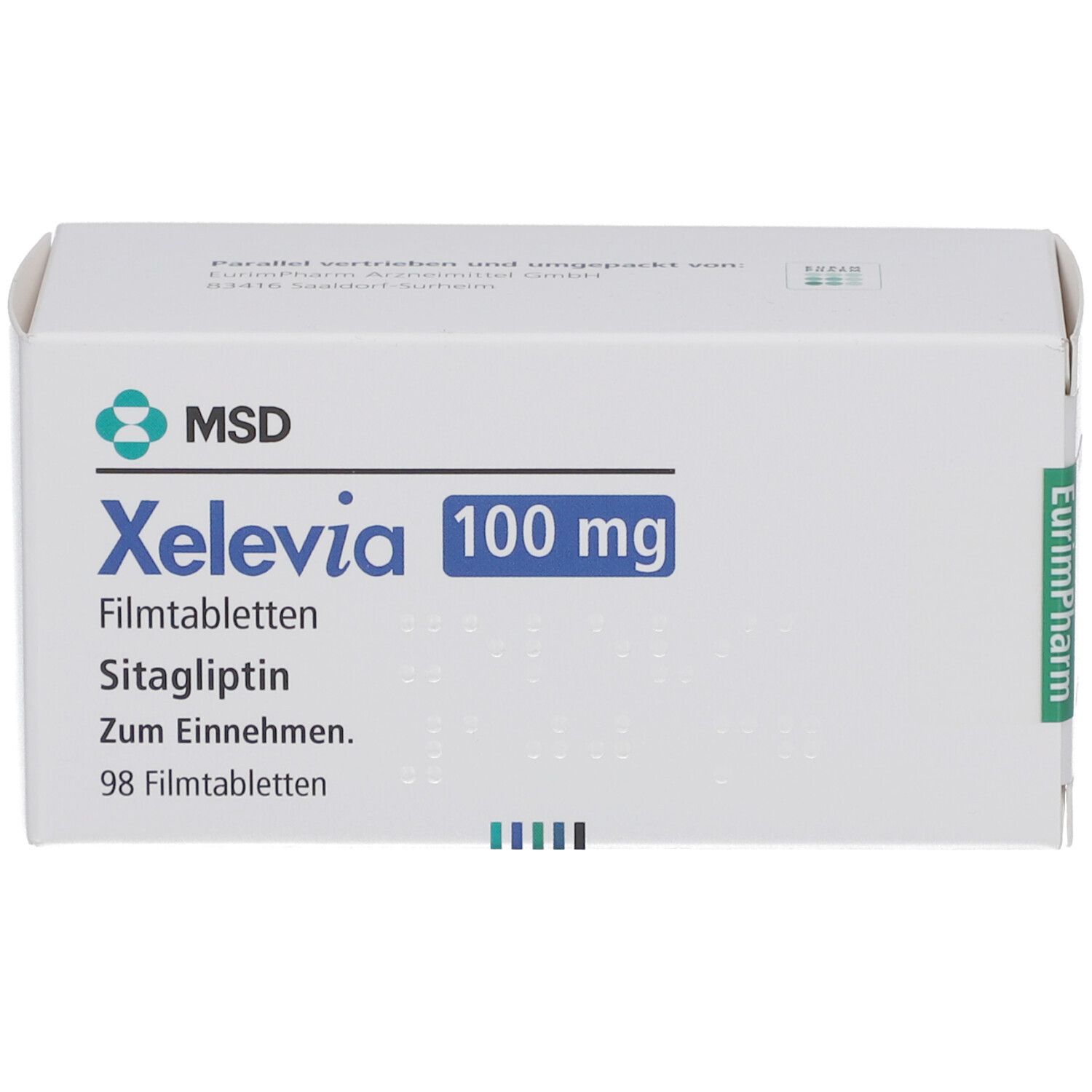 Weiße Schachtel mit Xelevia 100 mg Filmtabletten. MSD-Logo und Produktinformationen sind aufgedruckt. 98 Filmtabletten.