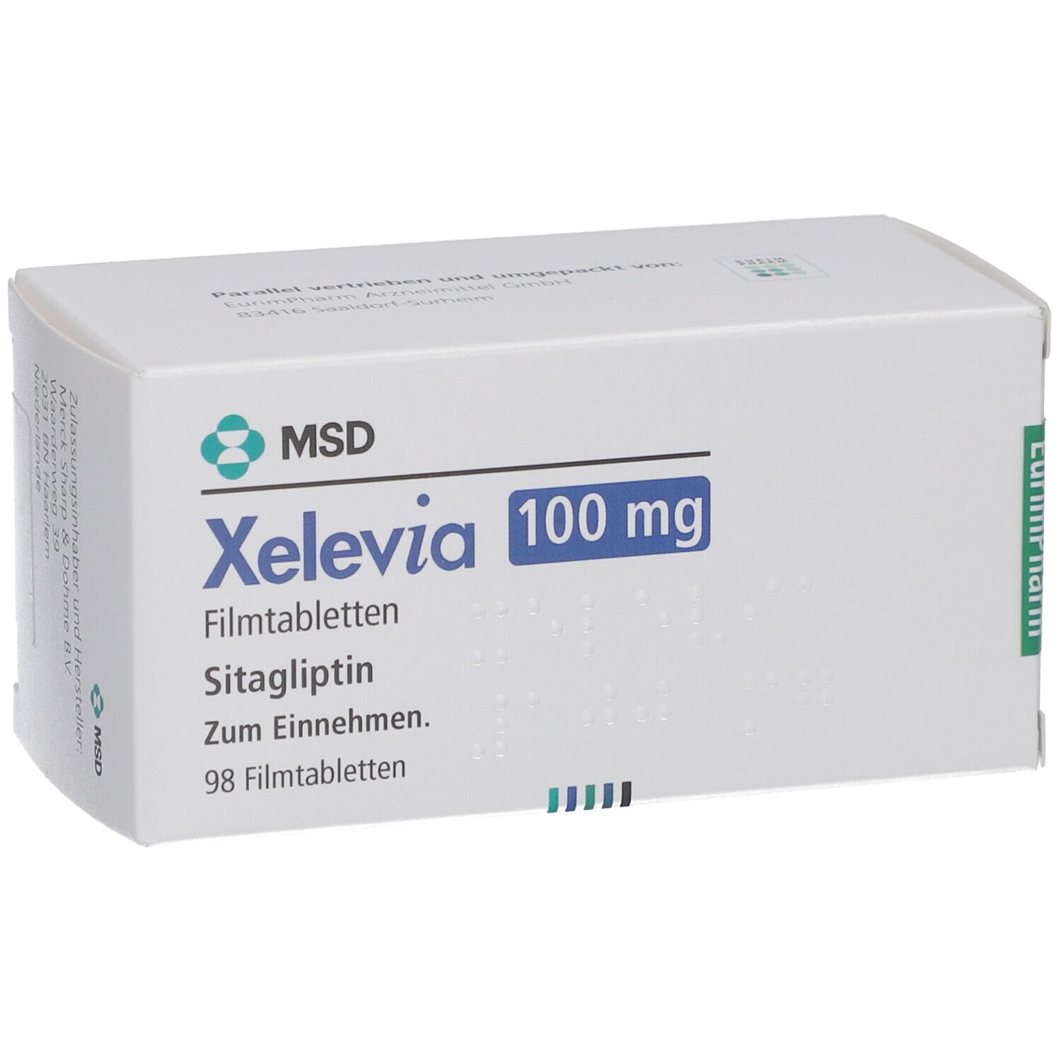 Weiße Schachtel mit Xelevia 100 mg Filmtabletten. MSD-Logo und Produktinformationen sind aufgedruckt. 98 Filmtabletten.