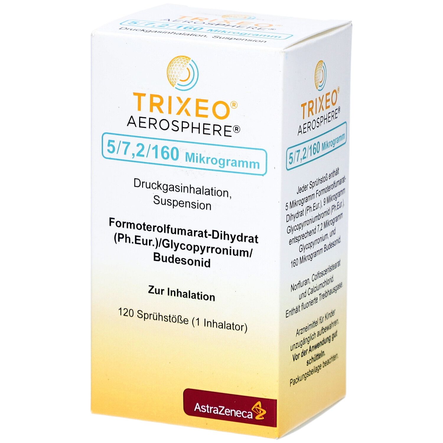 Weißer Karton mit Produktinformationen. Aufschrift: TRIXEO Aerosphere 5/7,2/160 Mikrogramm. Enthält 120 Sprühstöße.