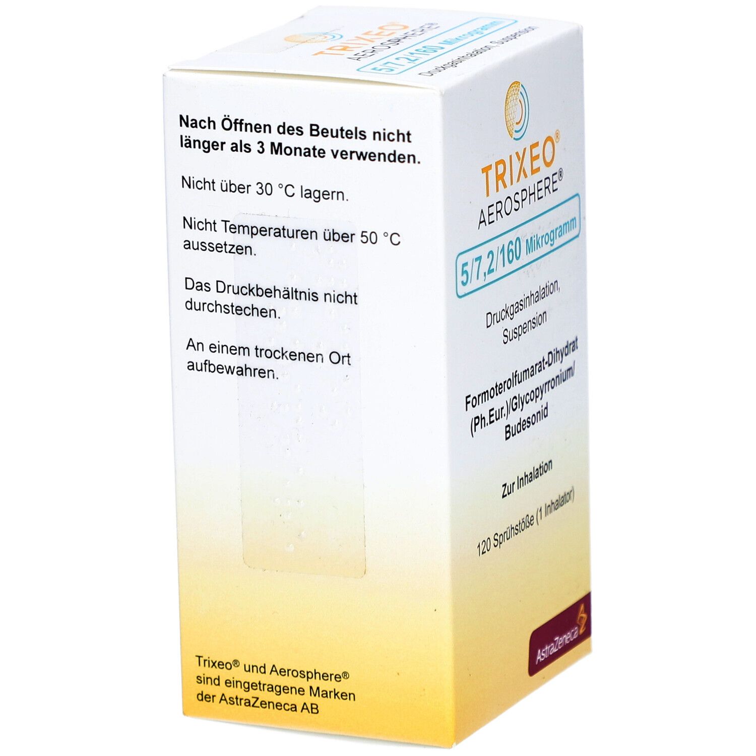 Seitenansicht eines weißen Kartons. Aufschrift: TRIXEO Aerosphere 5/7,2/160 Mikrogramm. Enthält wichtige Hinweise zur Lagerung.
