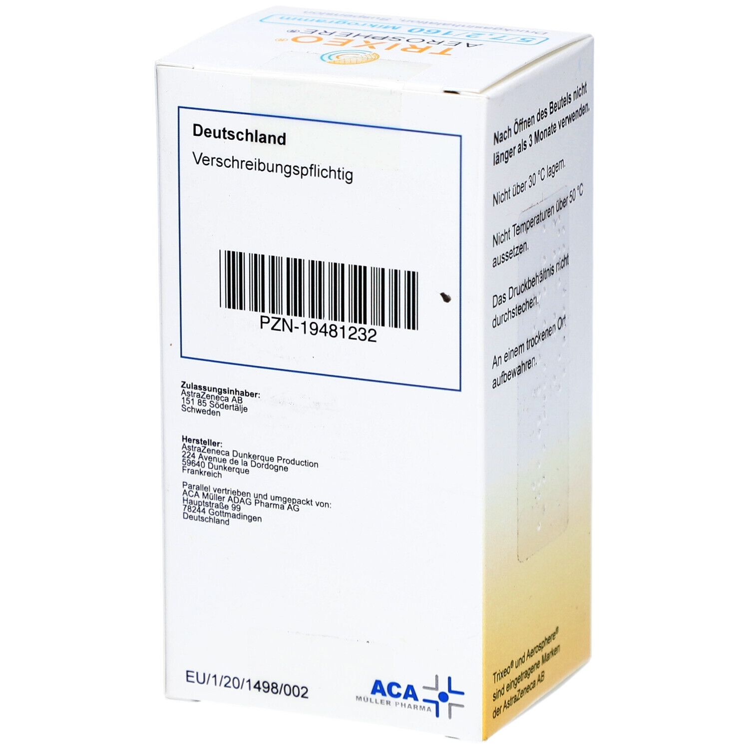 Rückseite eines weißen Kartons. Barcode und Informationen zur Herstellung. Aufschrift: Deutschland, Verschreibungspflichtig.