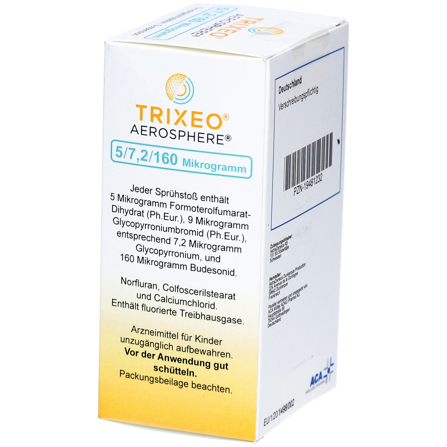 Seitenansicht eines weißen Kartons. Aufschrift: TRIXEO Aerosphere 5/7,2/160 Mikrogramm. Enthält Inhaltsstoffangaben und Warnhinweise.