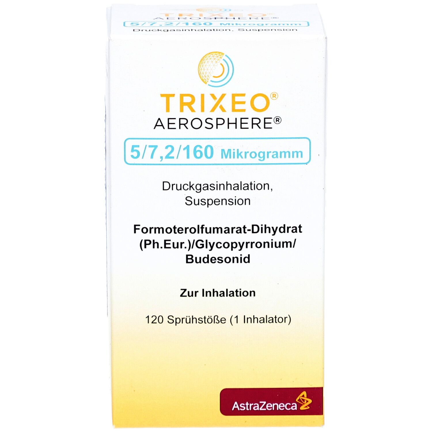 Vorderansicht eines weißen Kartons. Aufschrift: TRIXEO Aerosphere 5/7,2/160 Mikrogramm. Enthält 120 Sprühstöße.