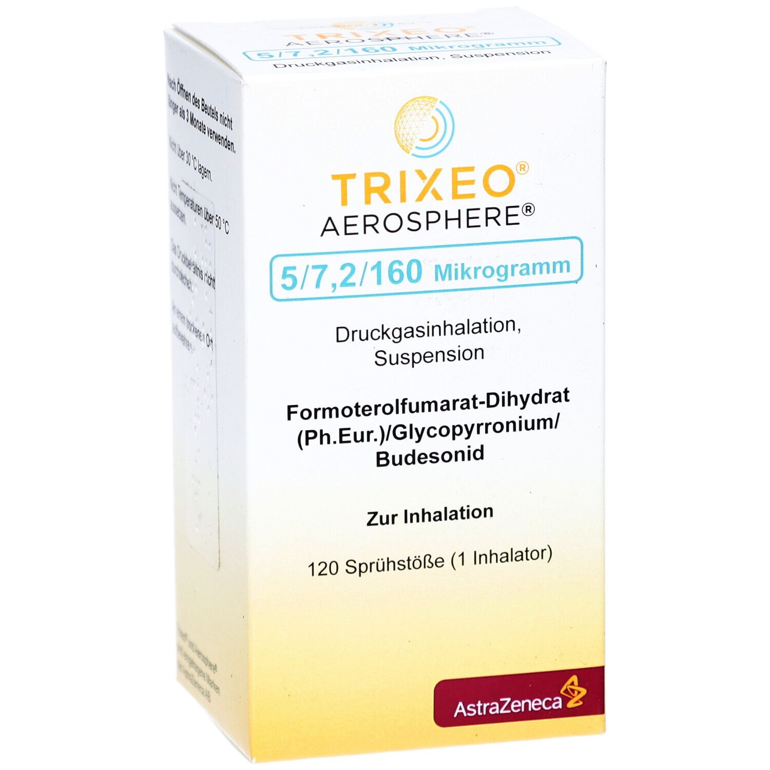 Perspektivische Ansicht eines weißen Kartons. Aufschrift: TRIXEO Aerosphere 5/7,2/160 Mikrogramm. Enthält Produktinformationen.