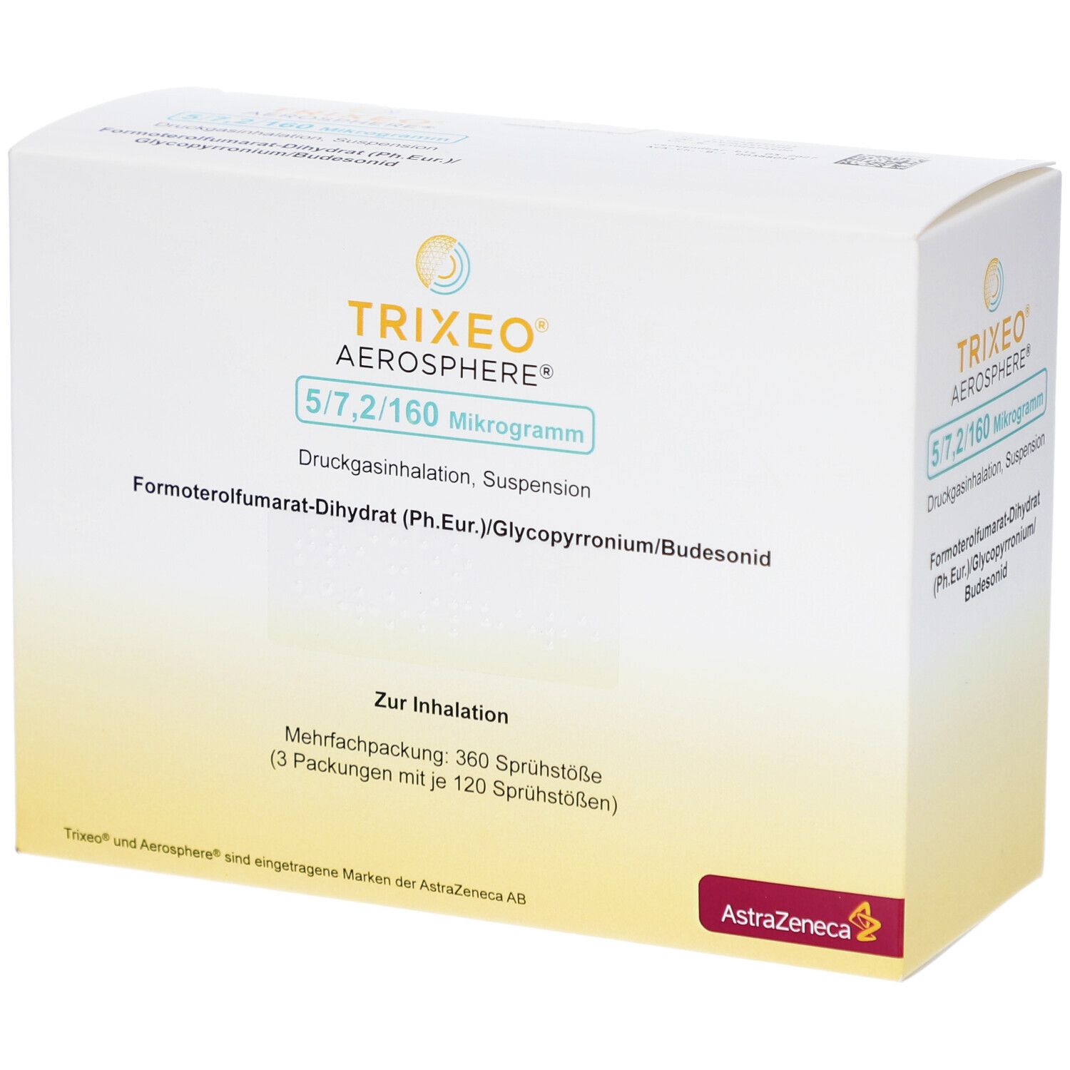 TRIXEO Aerosphere 5/7,2/160 Mikrogramm, Mehrfachpackung. Enthält 360 Sprühstöße. AstraZeneca-Logo.