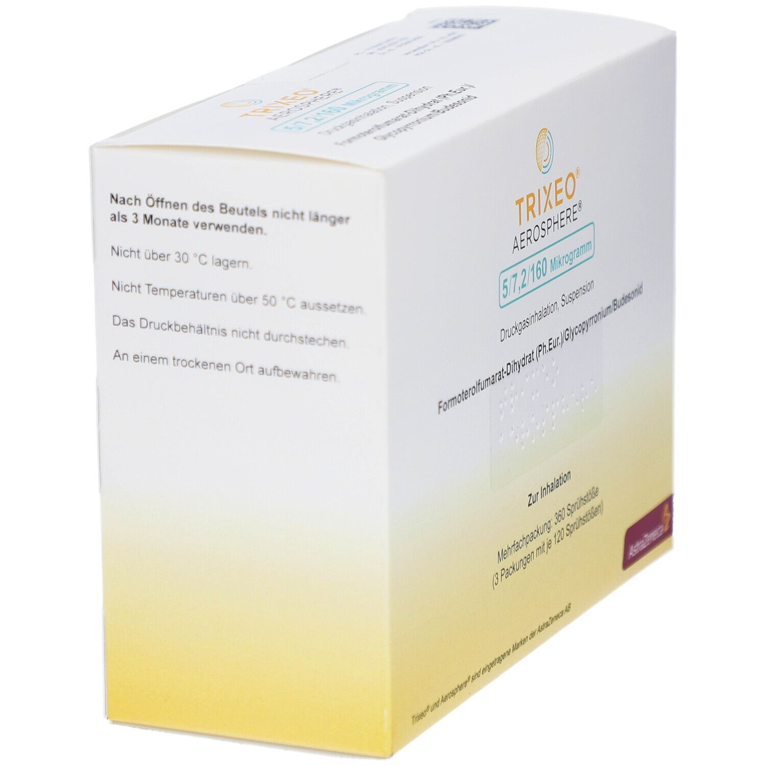 TRIXEO Aerosphere-Verpackung. Text: Nach Öffnen nicht länger als 3 Monate verwenden. Nicht über 30°C lagern.