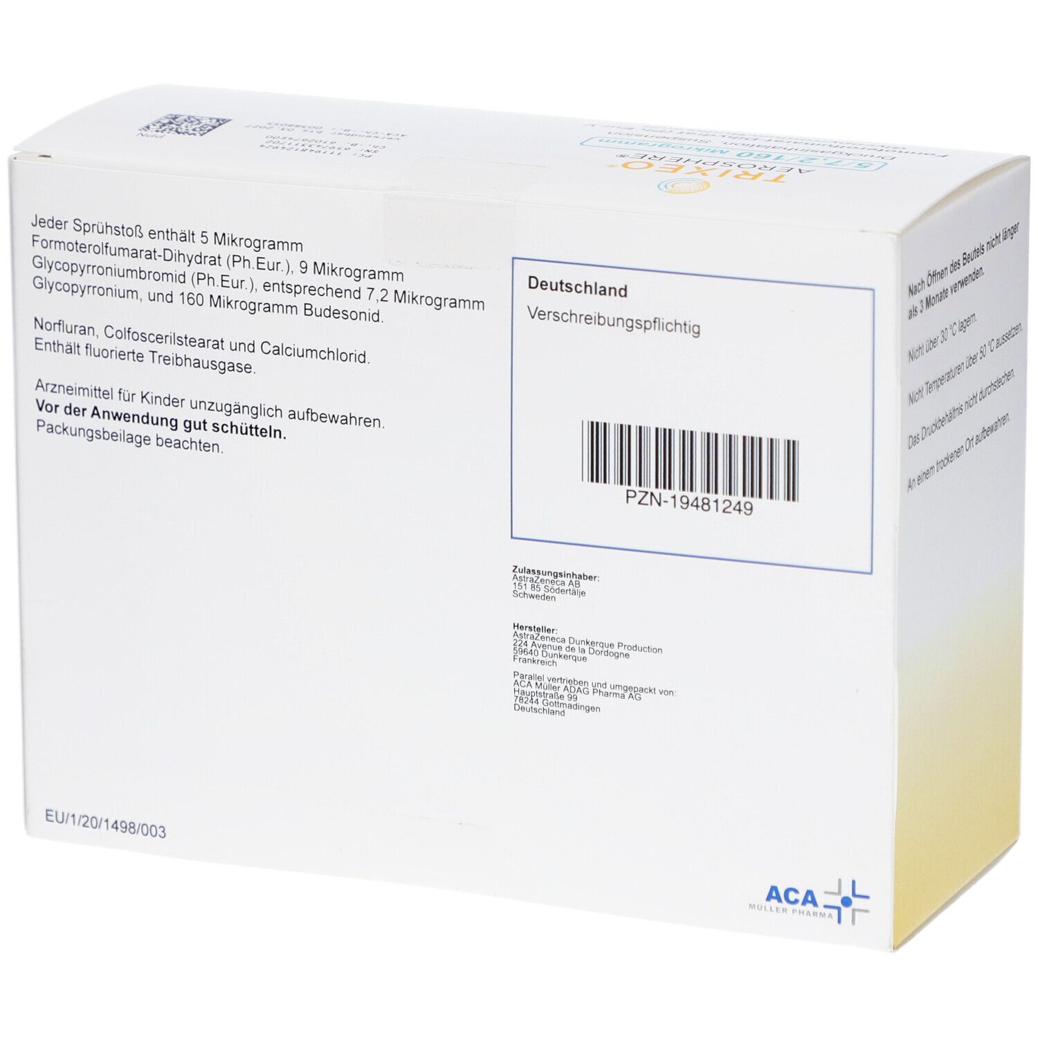 Rückseite der TRIXEO Aerosphere-Verpackung. Text: Verschreibungspflichtig. PZN-19481249. ACA-Logo.