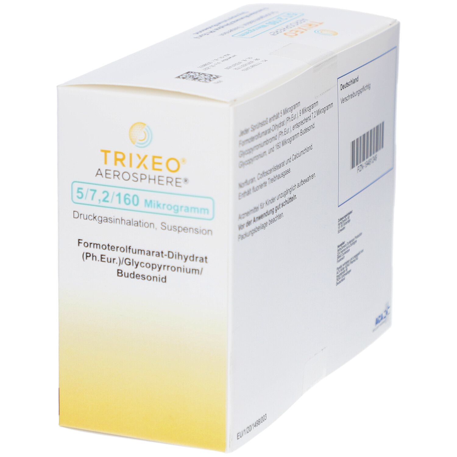 TRIXEO Aerosphere-Verpackung. Aufschrift: 5/7,2/160 Mikrogramm. Formoterolfumarat-Dihydrat, Glycopyrronium, Budesonid.