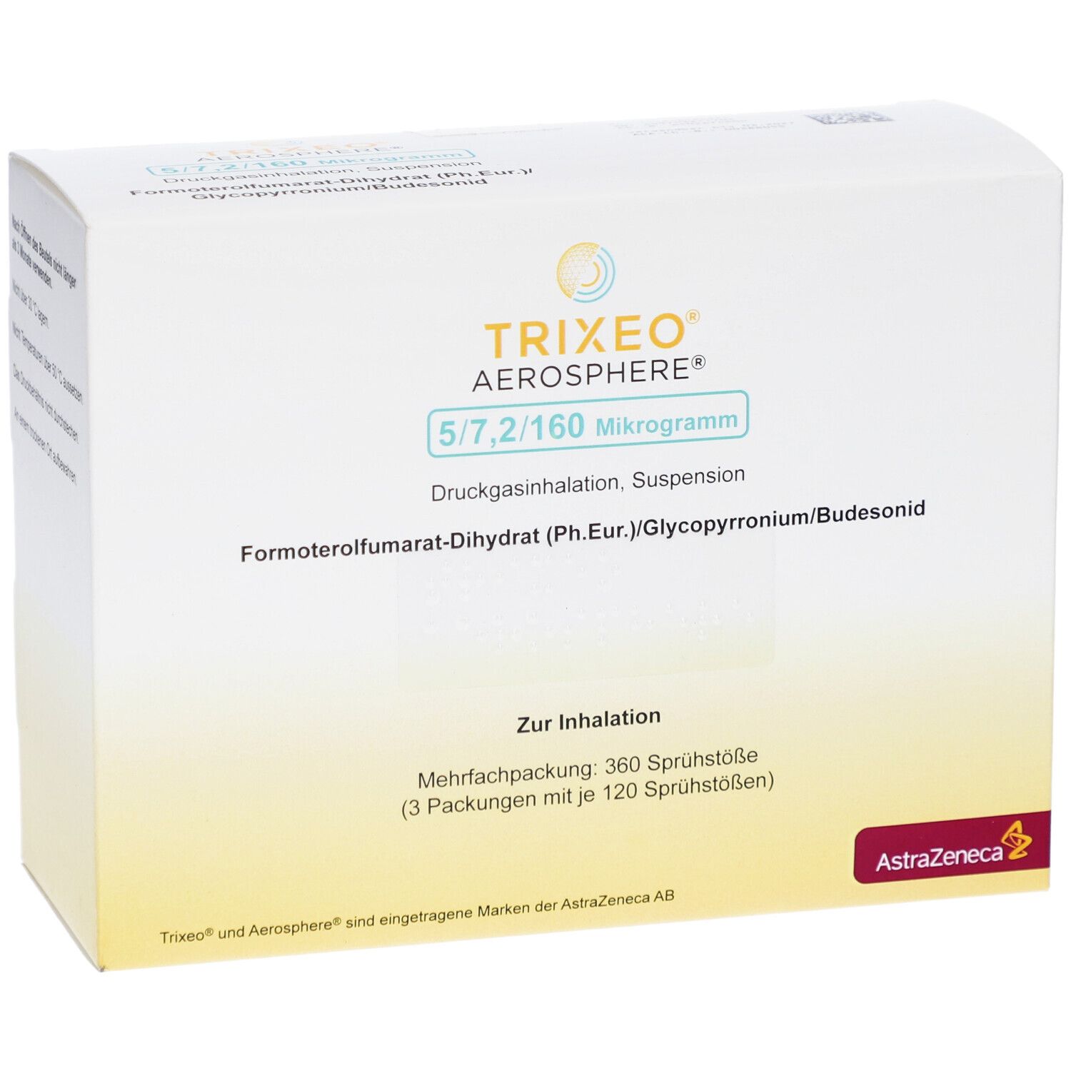 TRIXEO Aerosphere 5/7,2/160 Mikrogramm, Mehrfachpackung. Enthält 360 Sprühstöße. AstraZeneca-Logo.
