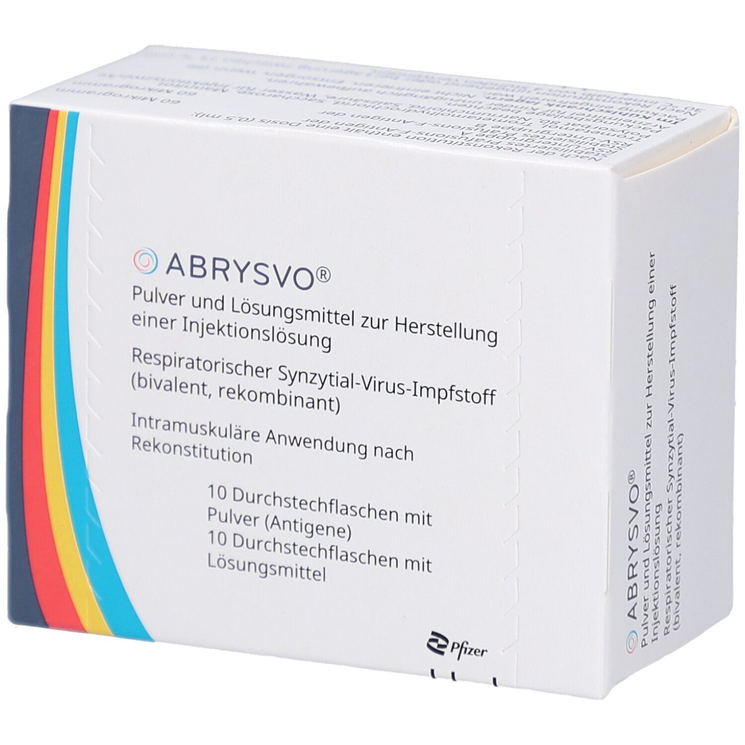 Weiße Faltschachtel mit Produktinformationen. Aufschrift: ABRYSVO, Pulver und Lösungsmittel zur Herstellung einer Injektionslösung. 10 Durchstechflaschen.
