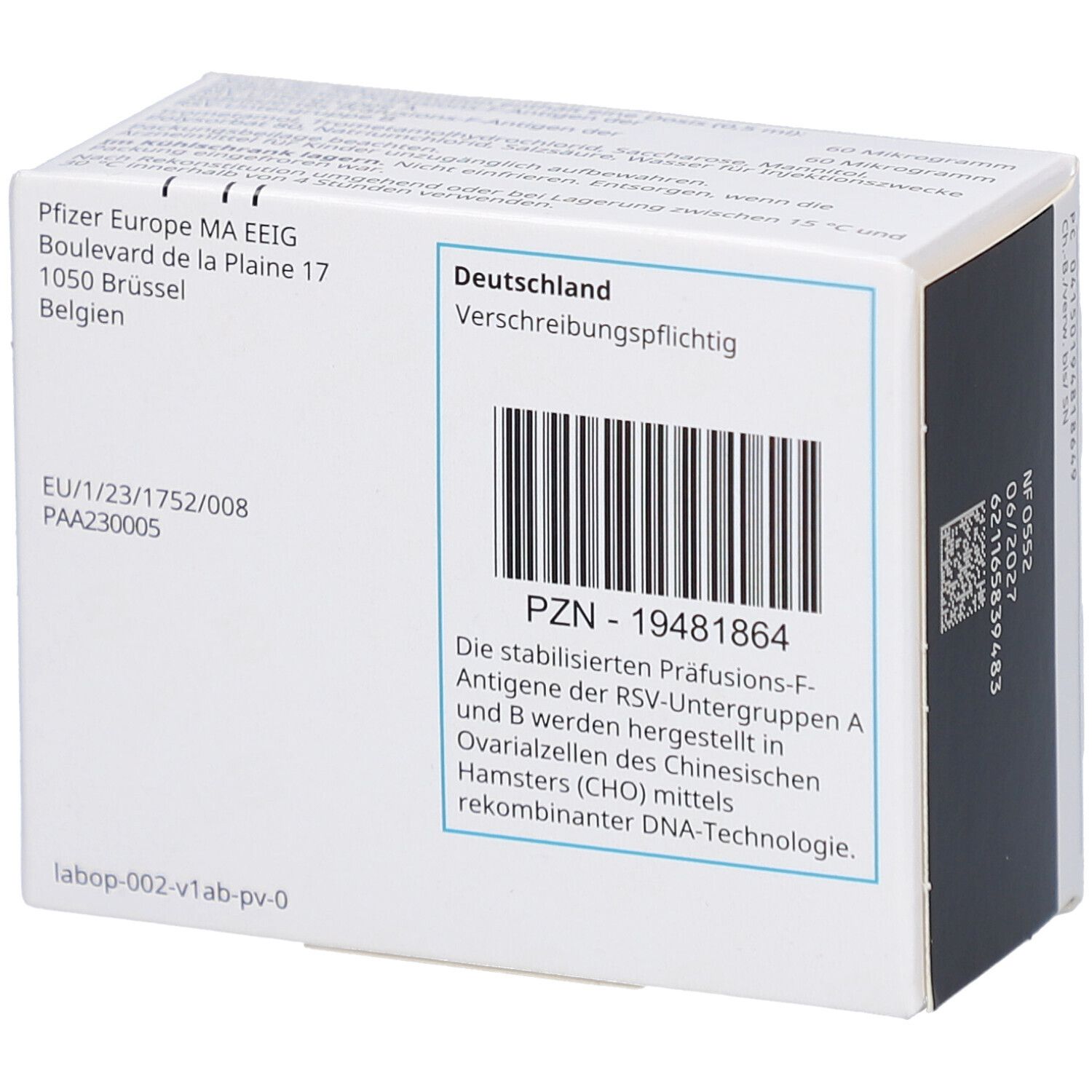 Rückseite der weißen Faltschachtel. Text mit Informationen, Barcode und PZN-Nummer. Aufschrift: Deutschland, verschreibungspflichtig.