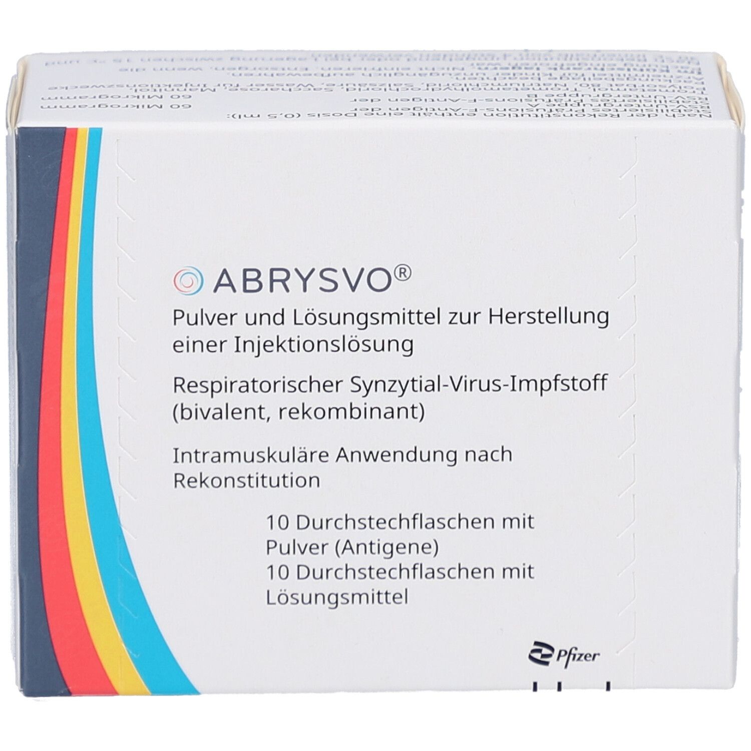 Weiße Faltschachtel mit Produktinformationen. Aufschrift: ABRYSVO, Pulver und Lösungsmittel zur Herstellung einer Injektionslösung. 10 Durchstechflaschen.
