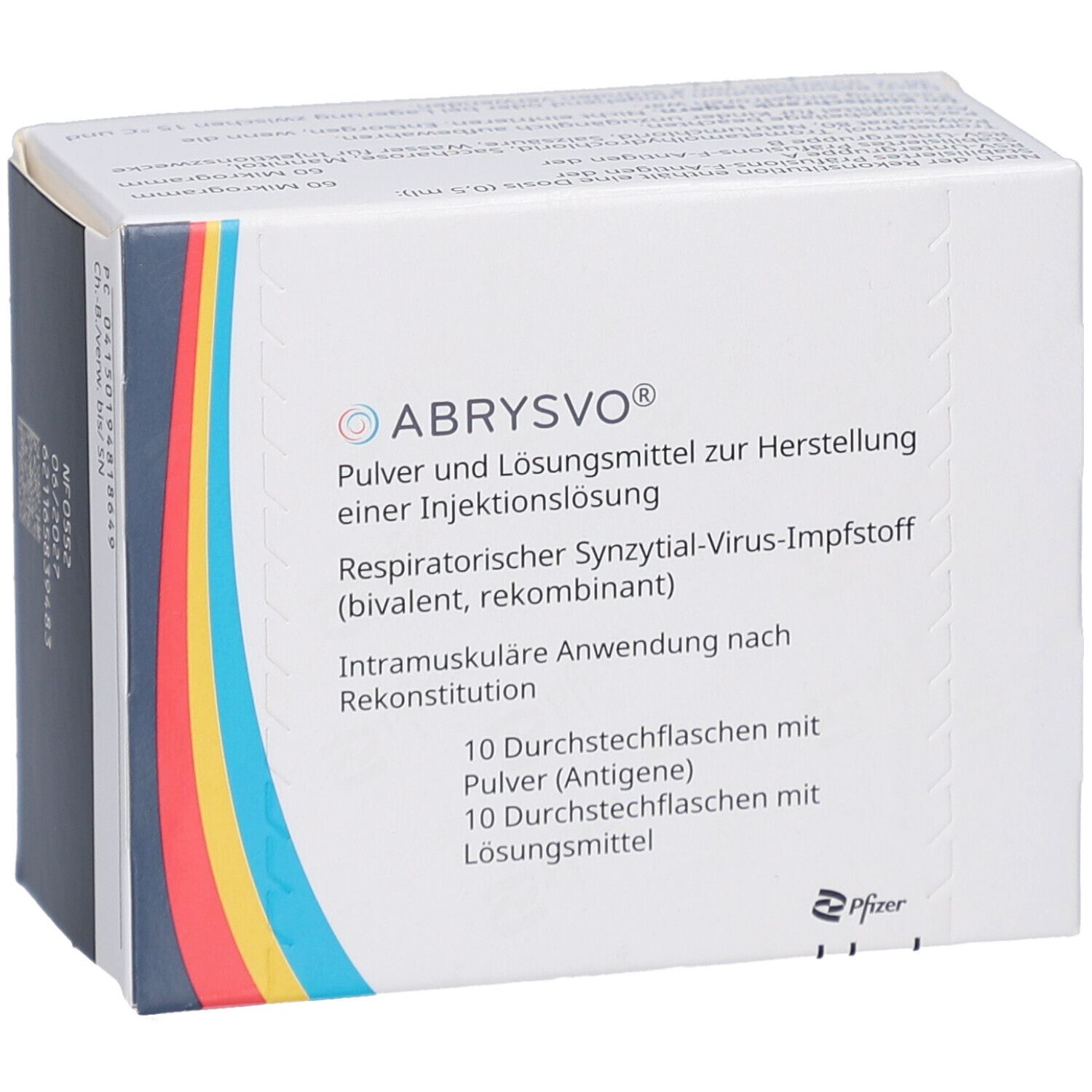 Weiße Faltschachtel mit Produktinformationen. Aufschrift: ABRYSVO, Pulver und Lösungsmittel zur Herstellung einer Injektionslösung. 10 Durchstechflaschen.
