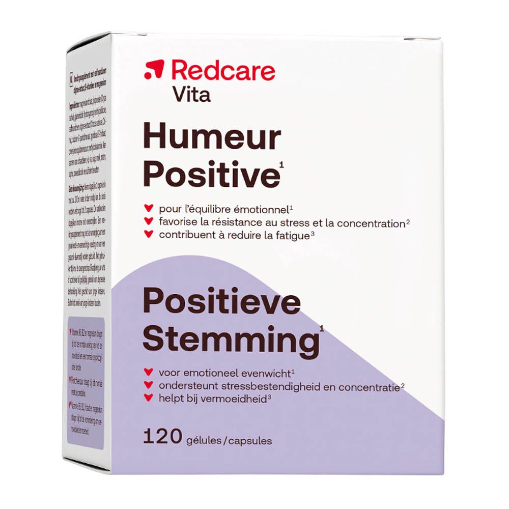 Kartonnen doos met productnaam en informatie. Bevat 120 capsules. Merk: Redcare Vita.