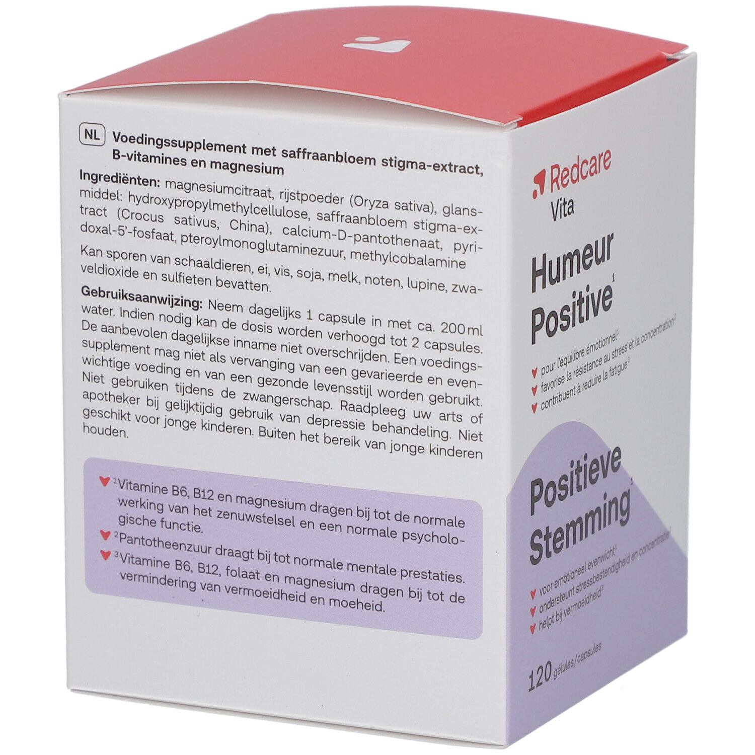 Rückseite der Kartonverpackung mit Inhaltsstoffen und Gebrauchsanweisung. Marke: Redcare Vita.