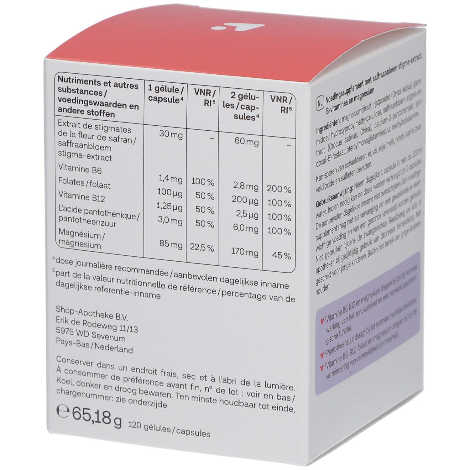 Rückseite der Kartonverpackung mit Nährwertangaben. Marke: Redcare Vita.