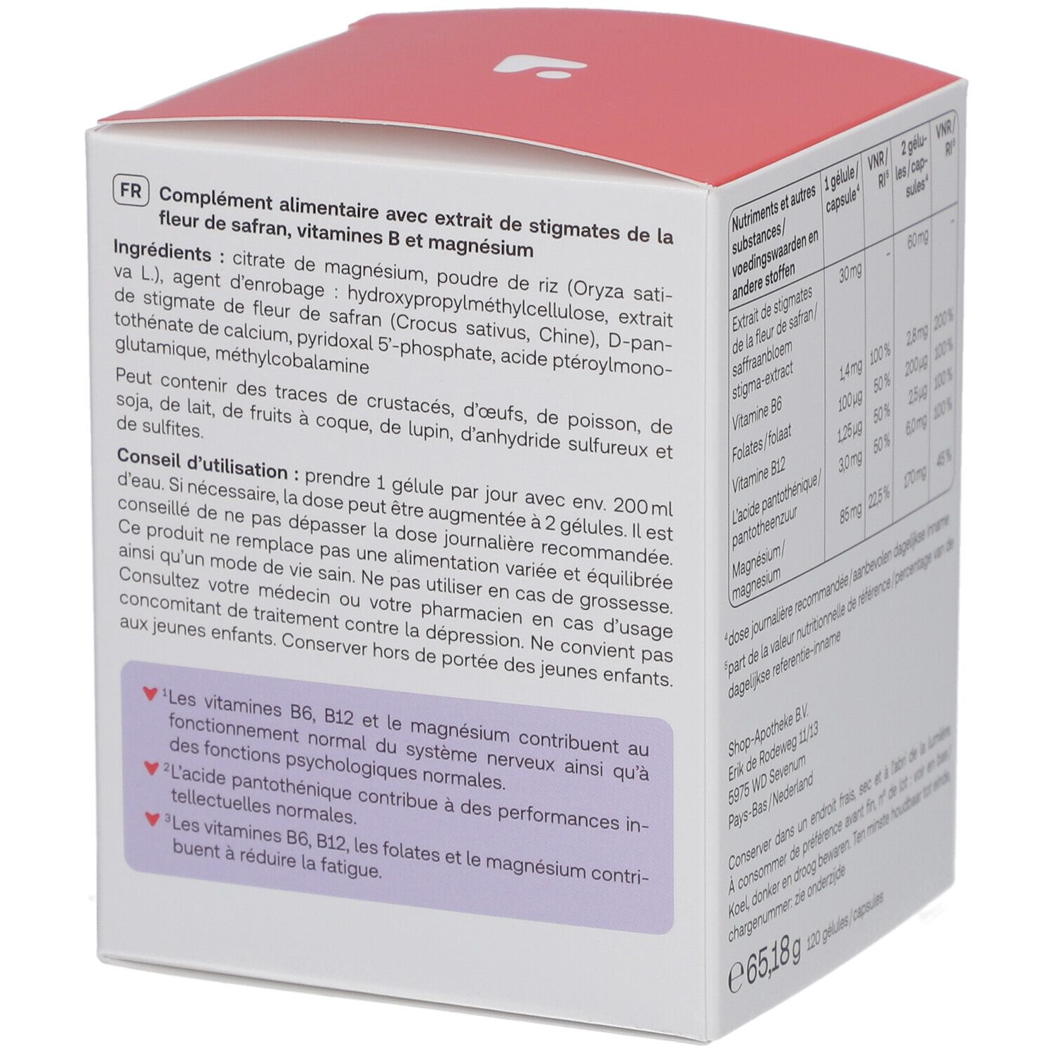 Rückseite der Kartonverpackung mit Inhaltsstoffen und Gebrauchsanweisung. Marke: Redcare Vita.