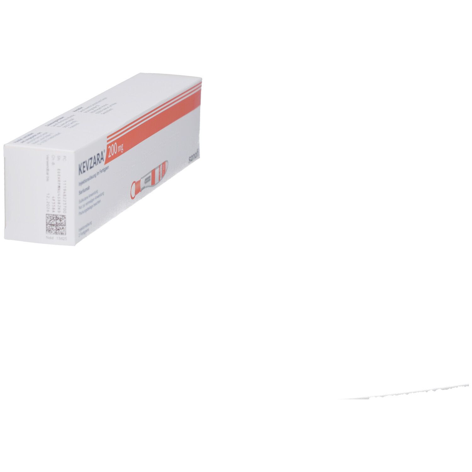 Weiße Schachtel, KEVZARA 200 mg. Orangefarbener Streifen. Text und Barcode auf der Seite.