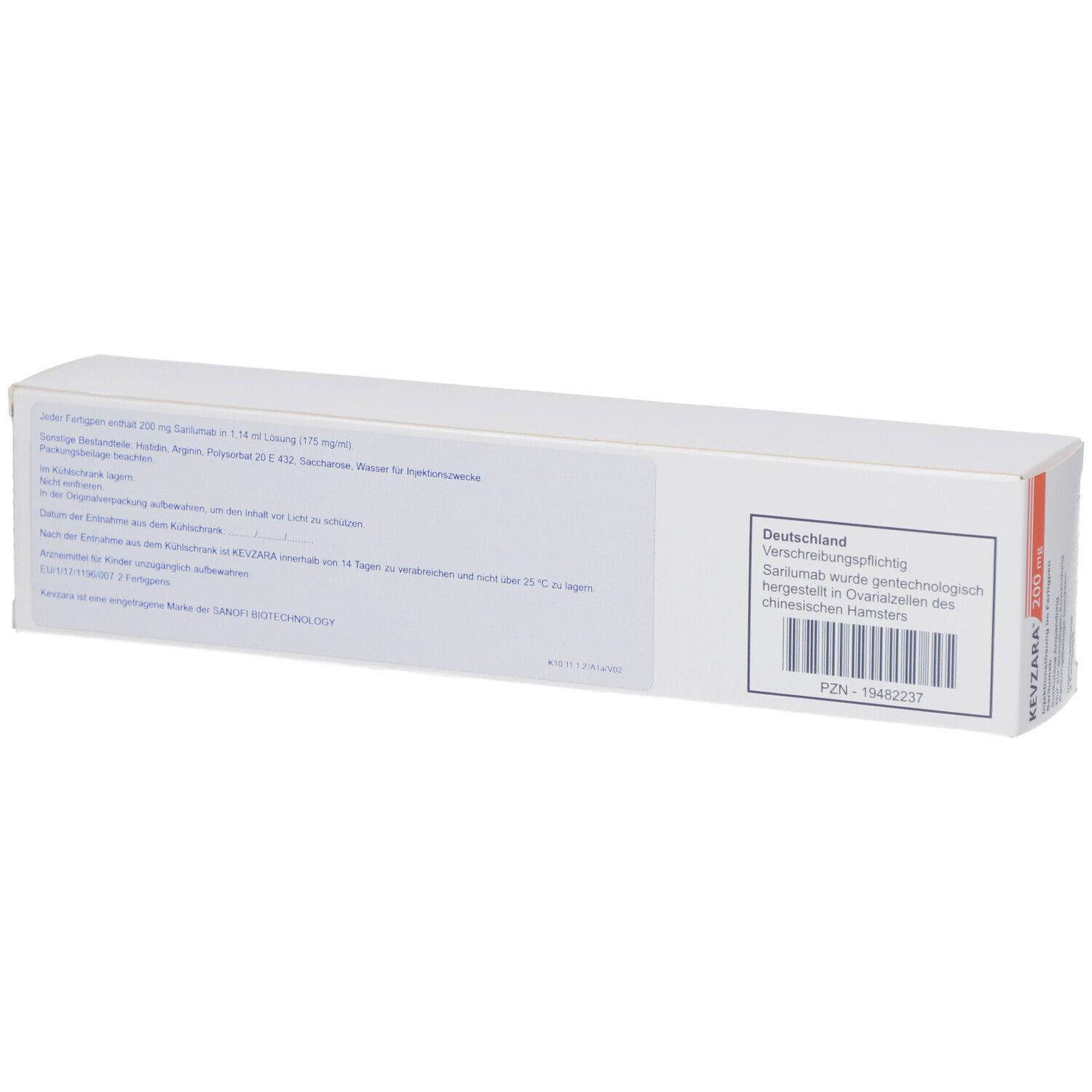 Weiße Schachtel, Rückseite mit Text und Barcode. KEVZARA 200 mg. Orangefarbener Streifen.