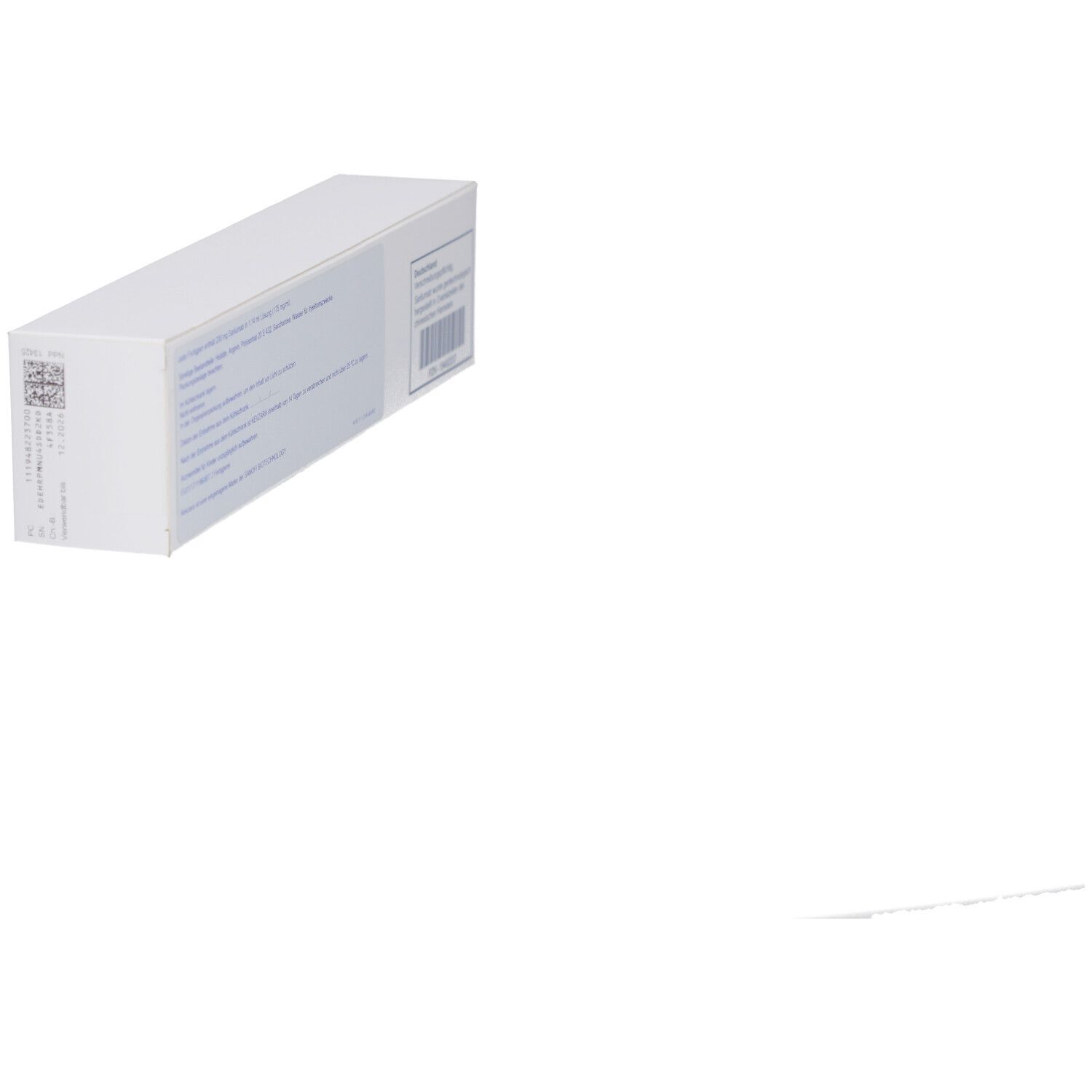 Weiße Schachtel, Seite mit Text und Barcode. KEVZARA 200 mg. Eckansicht.