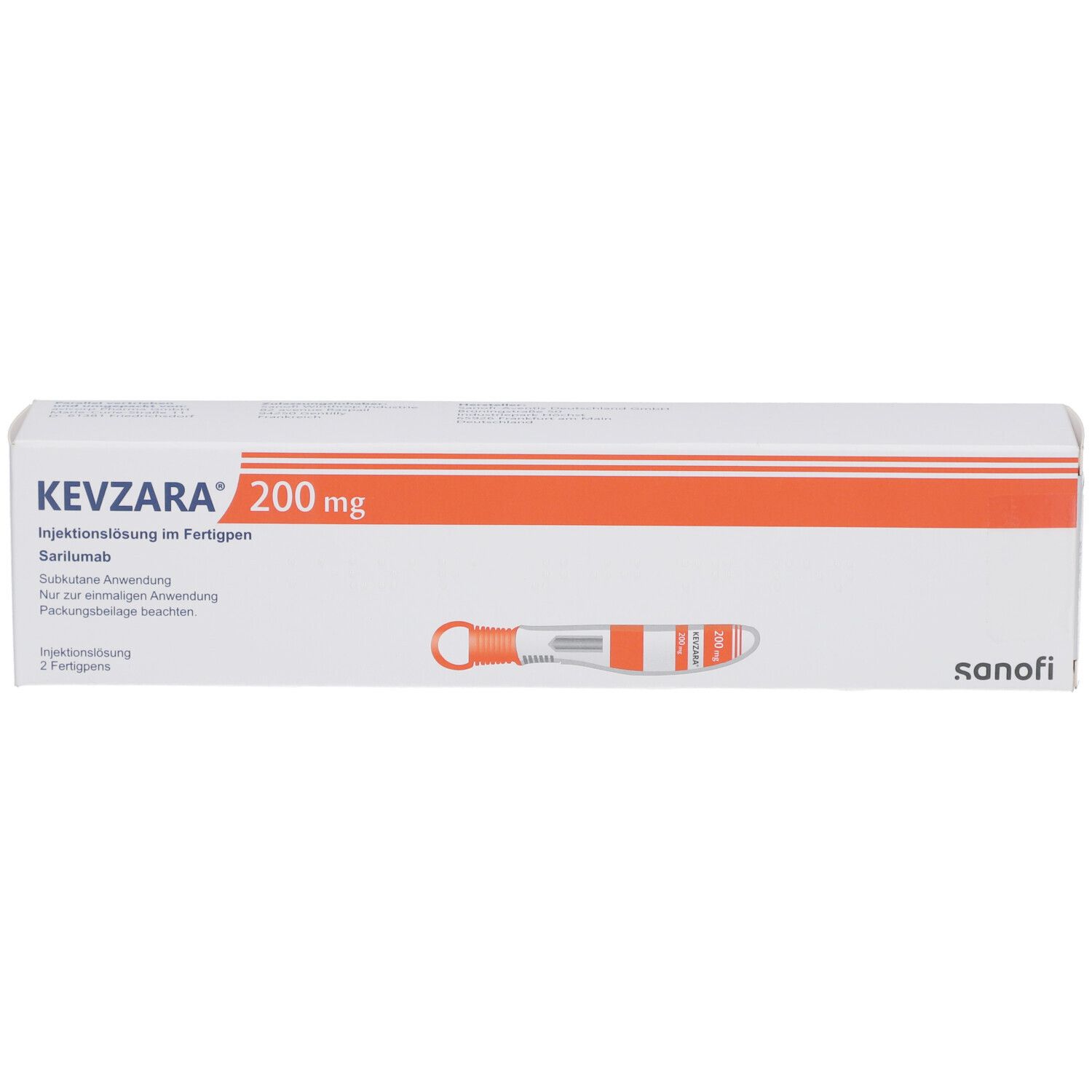 Weiße Schachtel mit KEVZARA 200 mg Aufdruck und Fertigpen-Abbildung. Orangefarbene Akzente.