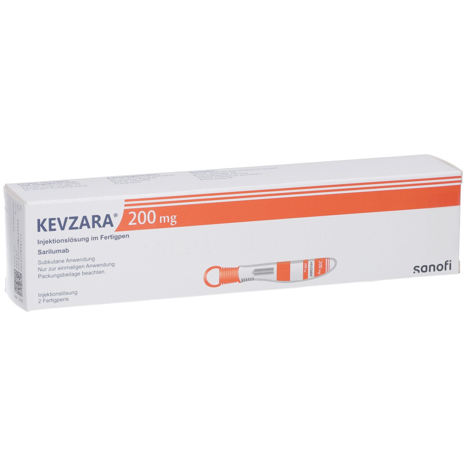 Weiße Schachtel mit KEVZARA 200 mg Aufdruck und Fertigpen-Abbildung. Orangefarbene Akzente.
