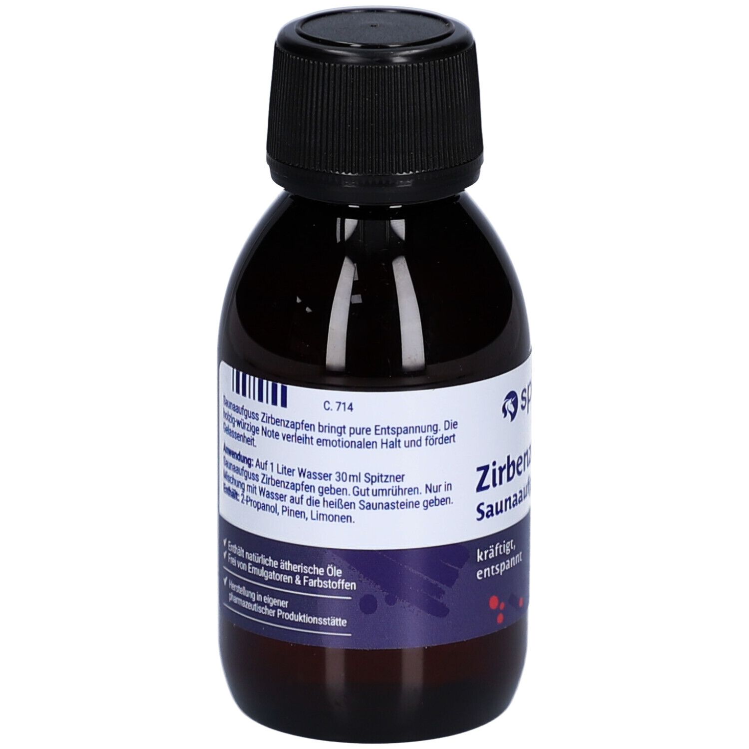 Braune Flasche mit schwarzem Deckel. Etikett mit Produktinformationen. Zirbenzapfen Saunaaufguss.