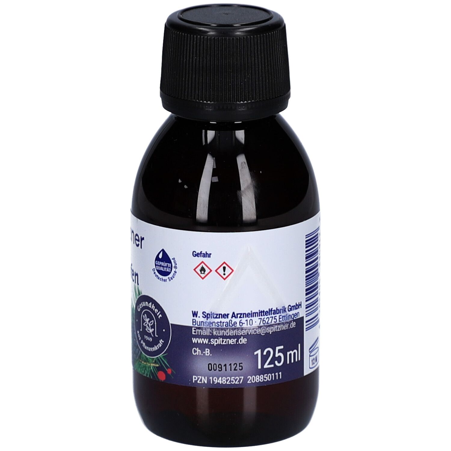 Braune Flasche mit schwarzem Deckel. Etikett mit Produktinformationen und Warnhinweisen. 125 ml.